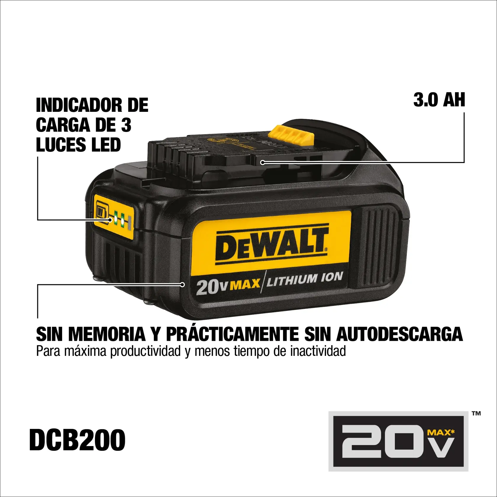Imagen de una batería DEWALT 20V Max de ion de litio, modelo DCB200. La batería cuenta con un indicador de carga de tres luces LED y tiene una capacidad de 3.0 Ah. Se indica que no tiene efecto memoria y prácticamente no tiene autodescarga para máxima productividad y menor tiempo de inactividad.