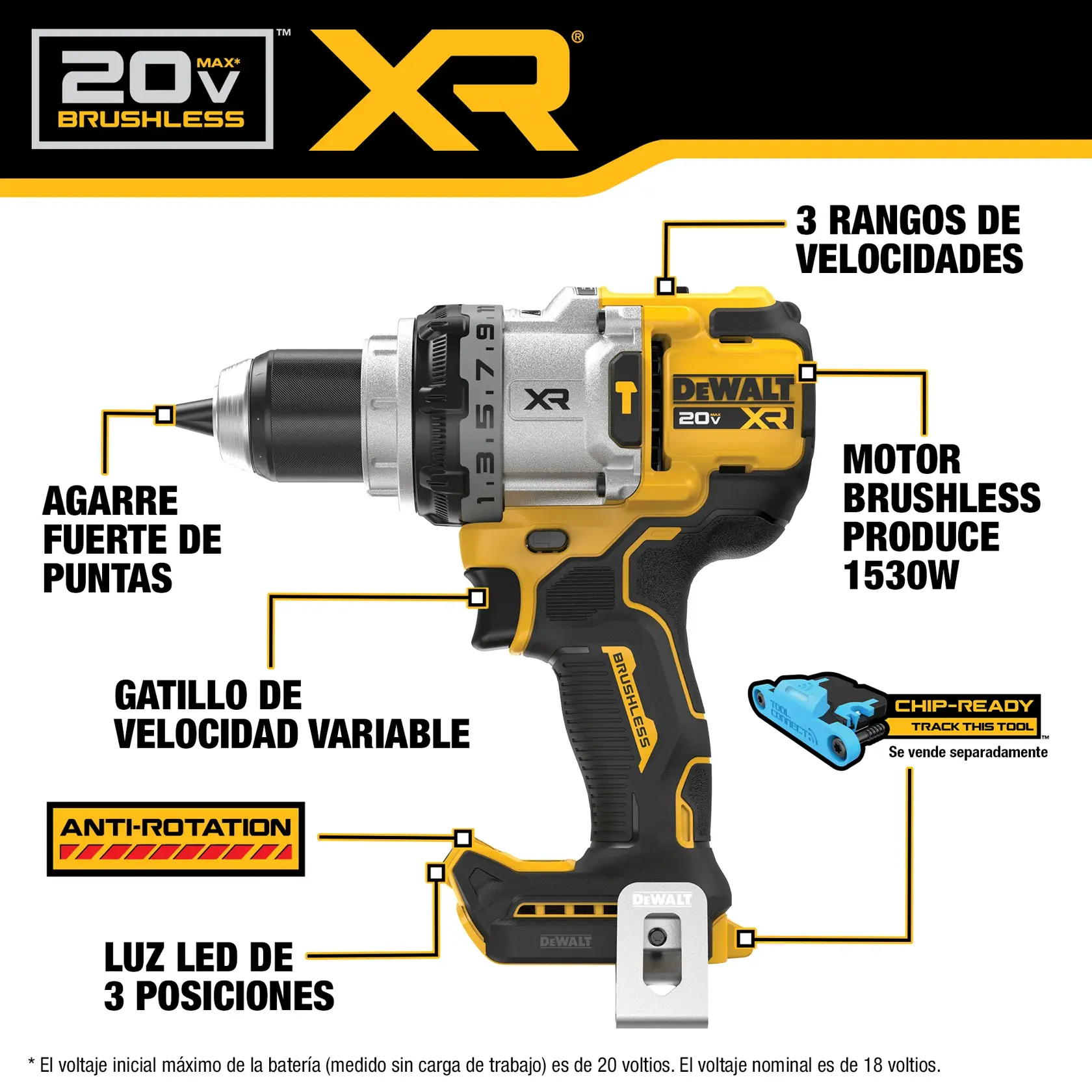 Taladro DEWALT DCD1007B-B3, DCD1007B 20V XR, motor brushless, 3 velocidades, LED, gráficos en español.