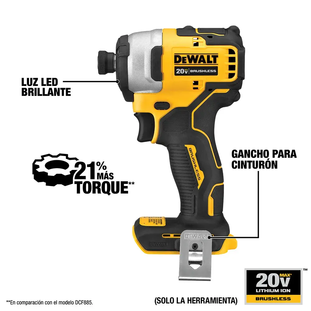 Destornillador de impacto DEWALT DCF809B de 20V sin escobillas con diseño amarillo y negro, incluye luz LED brillante, gancho para cinturón y afirma tener 21% más torque en comparación con el modelo DCF885.