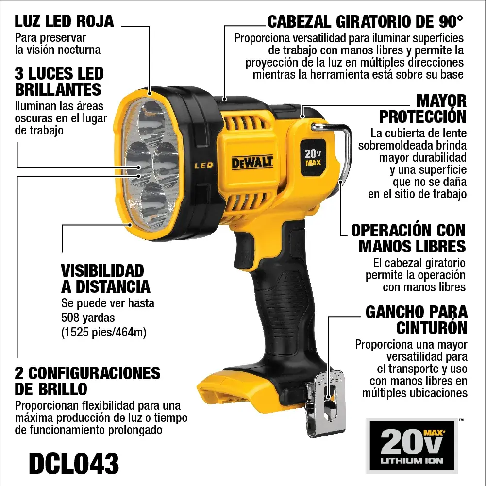 La imagen muestra una linterna DEWALT DCL043 20V MAX de ion de litio. El diagrama resalta características como un LED rojo para visión nocturna, tres LED brillantes para iluminar áreas oscuras de trabajo, visibilidad de hasta 508 yardas (464 metros), dos configuraciones de brillo para flexibilidad, cabezal giratorio de 90° para operación con manos libres, mayor protección con una cubierta resistente, y un gancho para cinturón. La linterna es amarilla y negra, con empuñadura ergonómica y base para montaje.