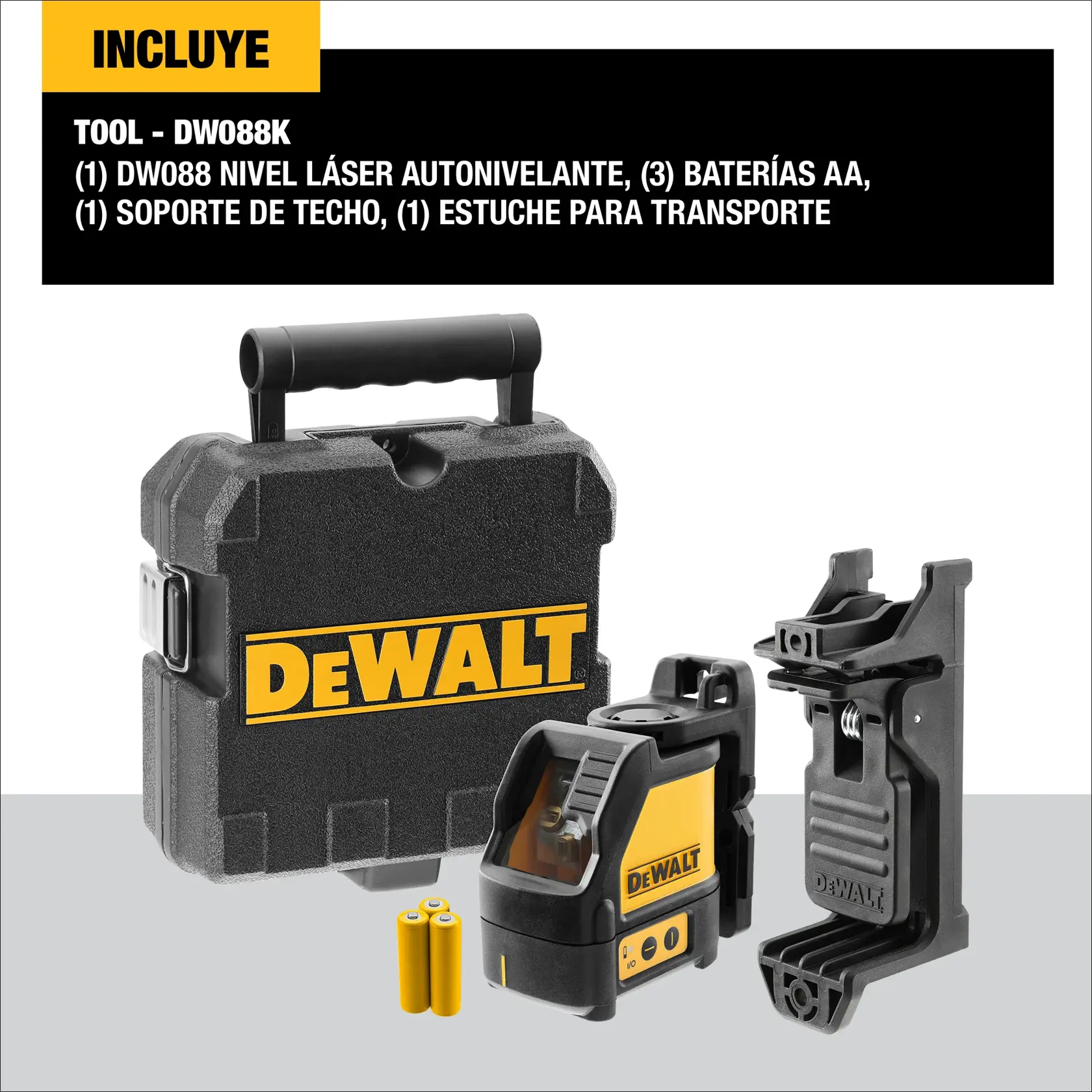 Kit de herramientas DEWALT DW088K que incluye un nivel láser autonivelante, tres baterías AA, un soporte de techo y un estuche para transporte. La imagen muestra el estuche con el logo de DEWALT, el dispositivo de nivel láser, el soporte y tres baterías amarillas.