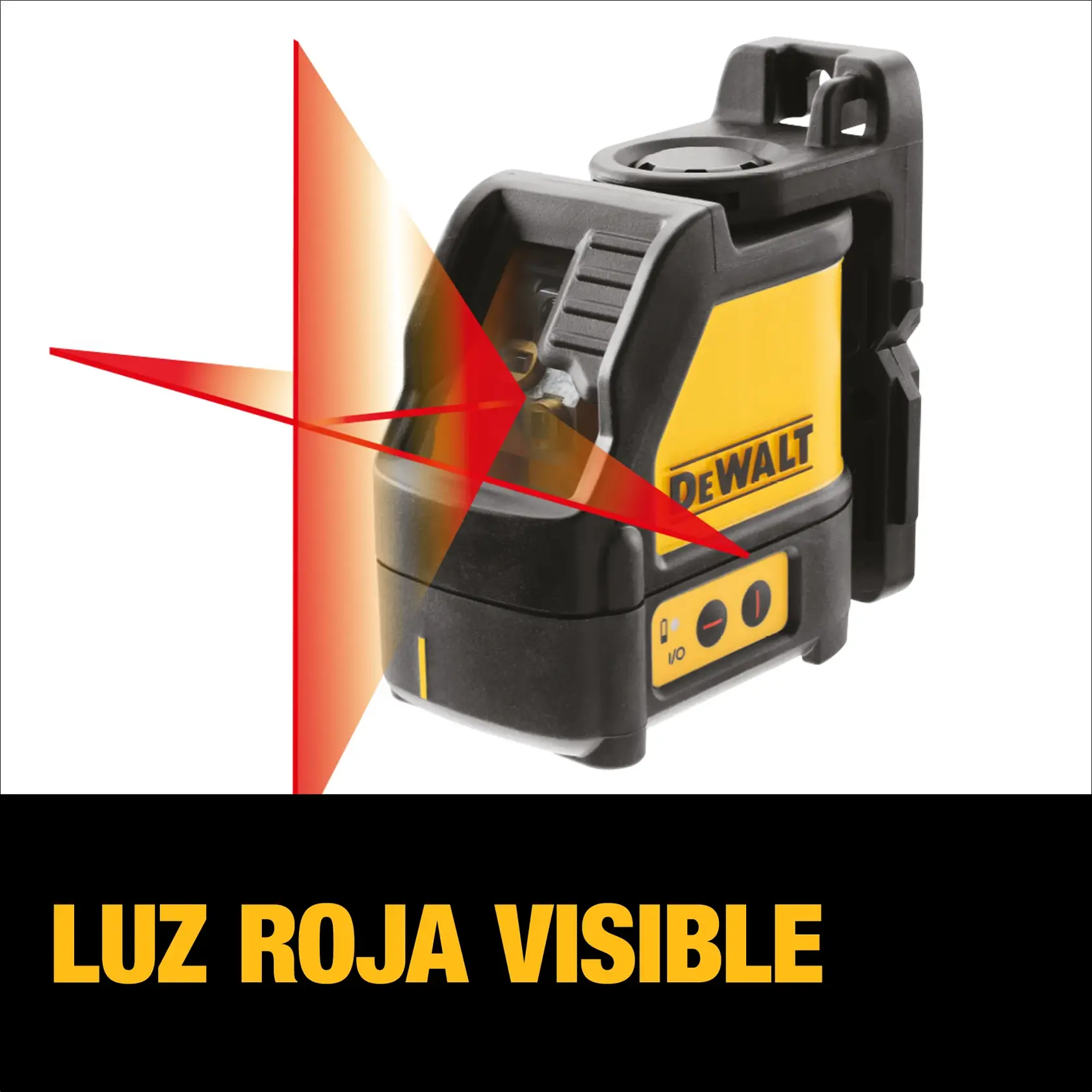 Un nivel láser de la marca DEWALT emite líneas láser rojas visibles. El texto 'LUZ ROJA VISIBLE' aparece en letras amarillas en negrita sobre un fondo negro en la parte inferior.
