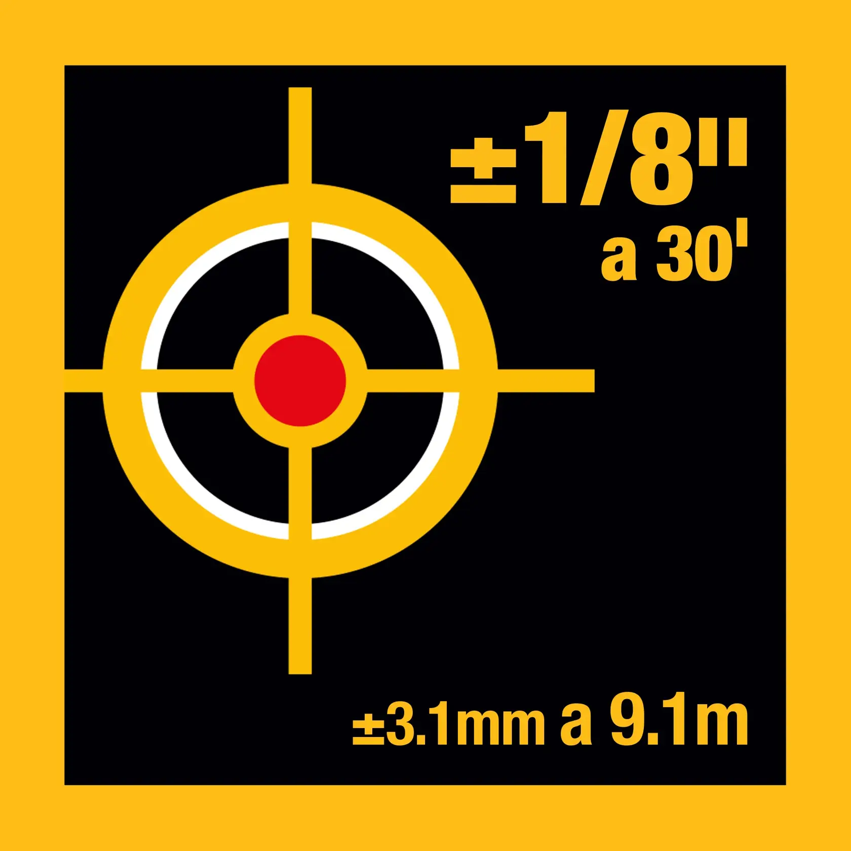 Gráfico que muestra un símbolo de objetivo amarillo con centro rojo y anillo blanco, acompañado de texto que indica la precisión de medición: ±1/8 pulgada a 30 pies y ±3.1 mm a 9.1 metros, todo sobre un fondo negro y amarillo.