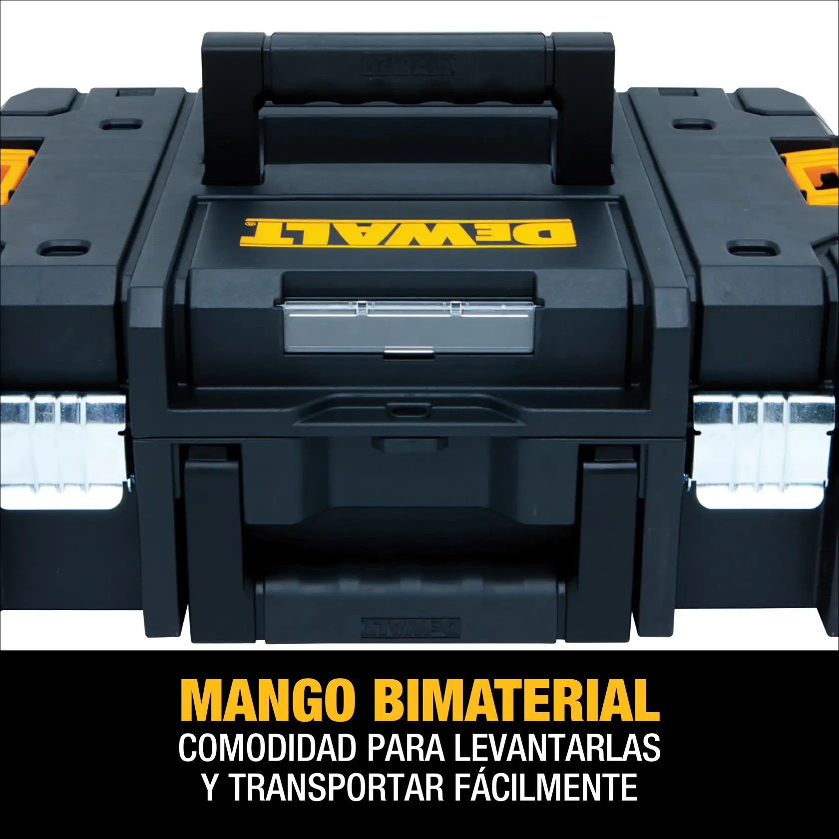 Caixa de ferramentas DEWALT TSTAK preta com detalhes amarelos e alça resistente, com fechos metálicos para fechamento seguro.