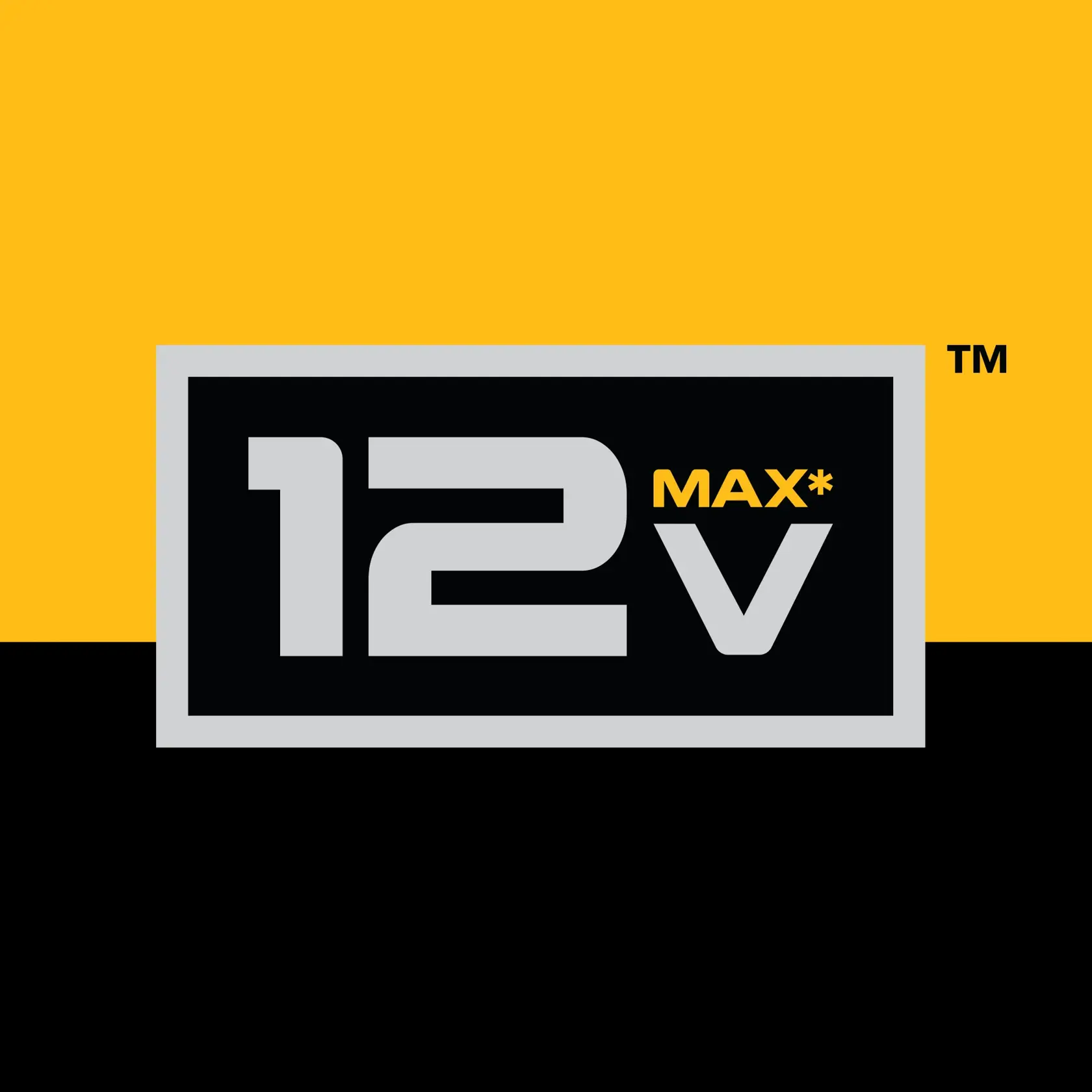 Gráfico de DEWALT que muestra '12V MAX*' en texto destacado con esquema de colores amarillo y negro.
