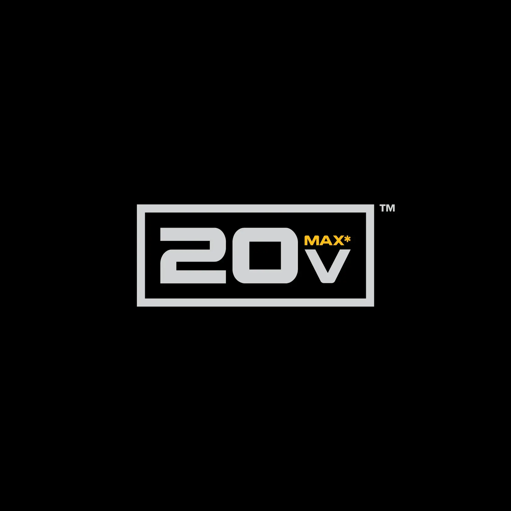 Logotipo gráfico que muestra '20V MAX*' en texto gris y amarillo dentro de un borde rectangular, sobre un fondo negro.