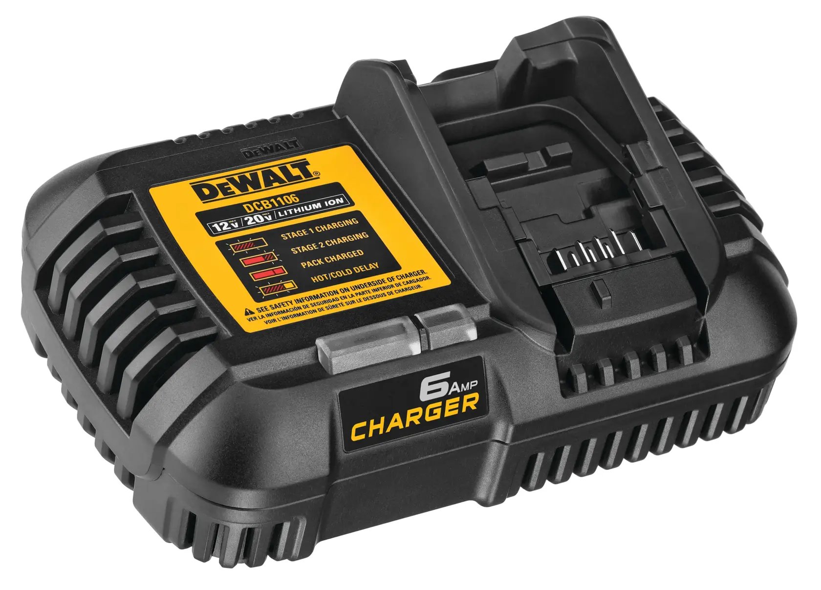 Un cargador de batería negro DEWALT DCB1106 con etiqueta amarilla, diseñado para cargar baterías de litio-ion de 12V y 20V. El cargador tiene una capacidad de 6 amperios y una ranura inclinada para insertar la batería.
