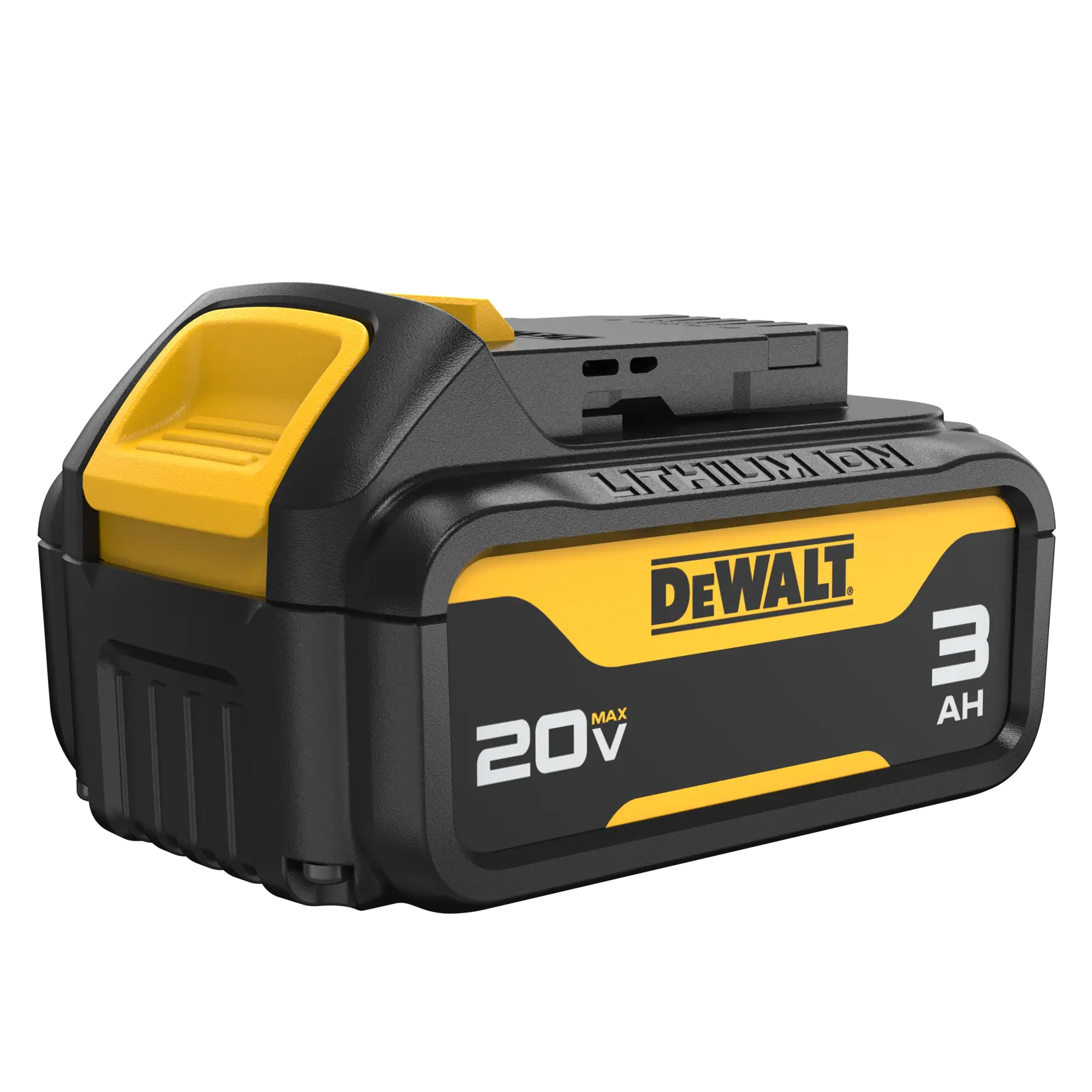 Una batería de ion de litio DEWALT 20V MAX 3Ah, con carcasa negra y amarilla, diseñada para herramientas eléctricas.