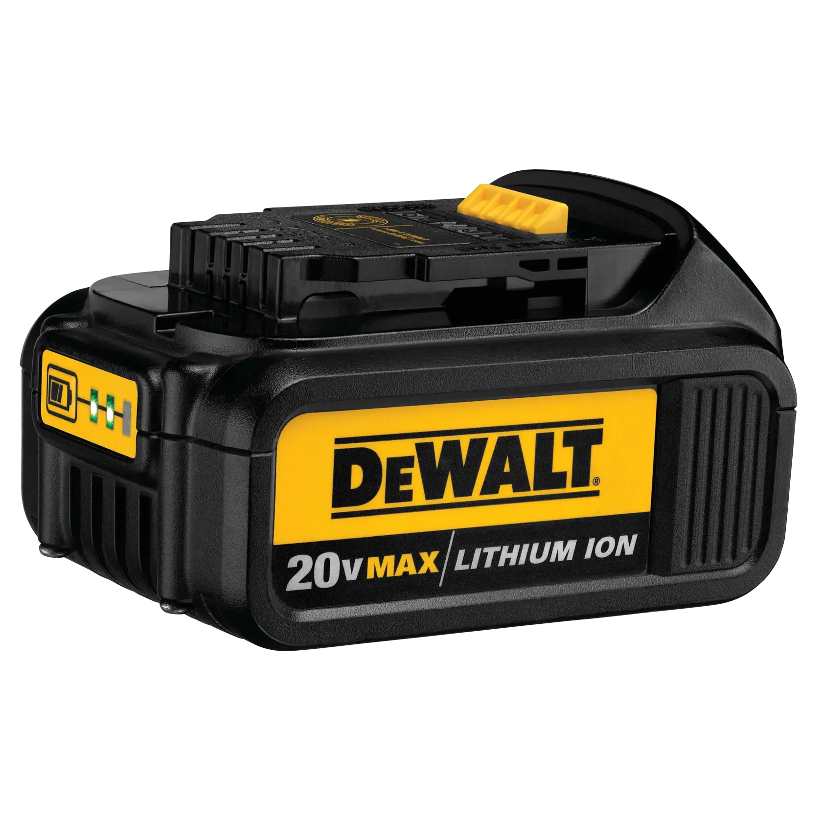 Un paquete de batería DEWALT 20V MAX de ion de litio, negro y amarillo, con la marca y el indicador de batería visibles.