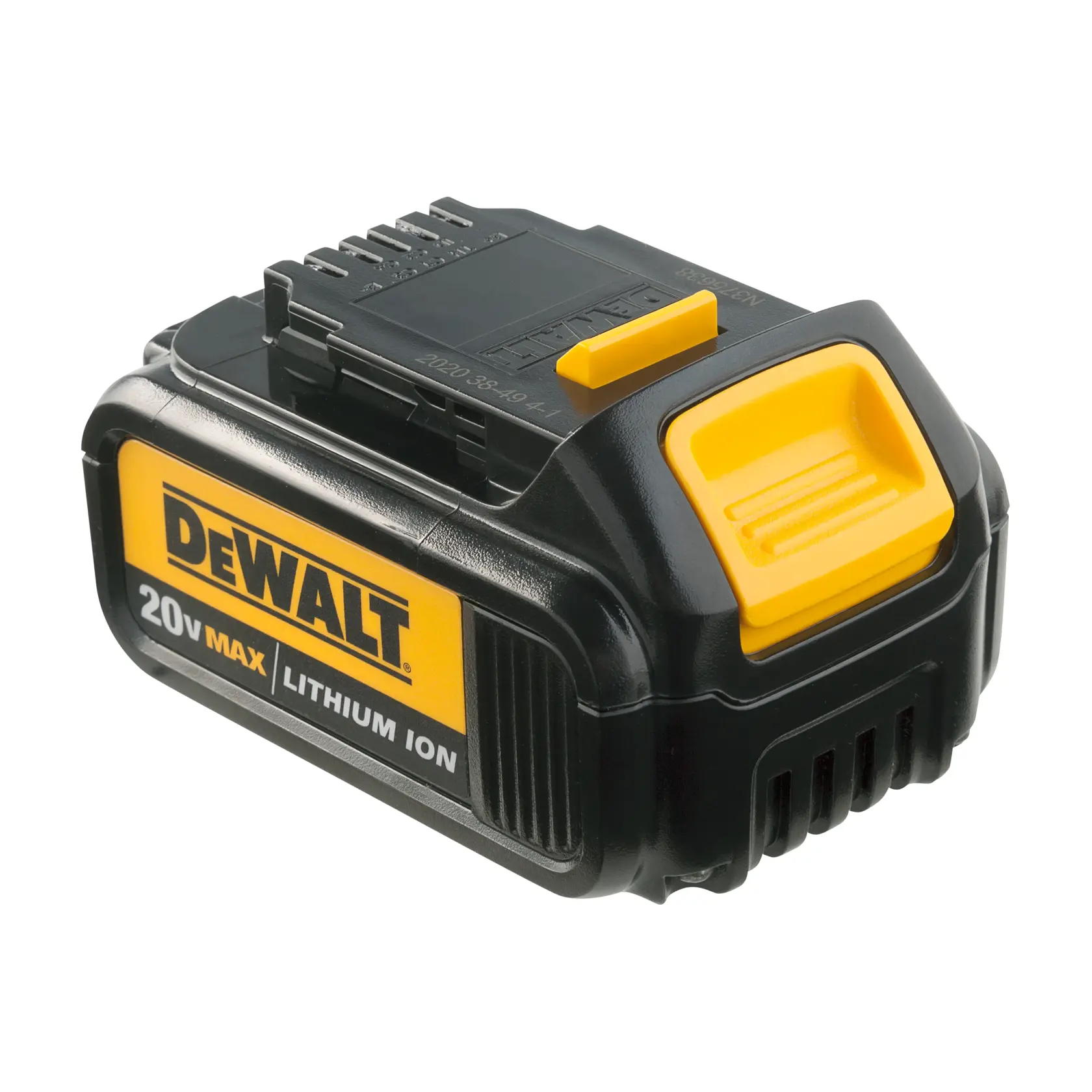 Una batería DEWALT 20V MAX de ion de litio con diseño negro y amarillo, modelo DCB200.