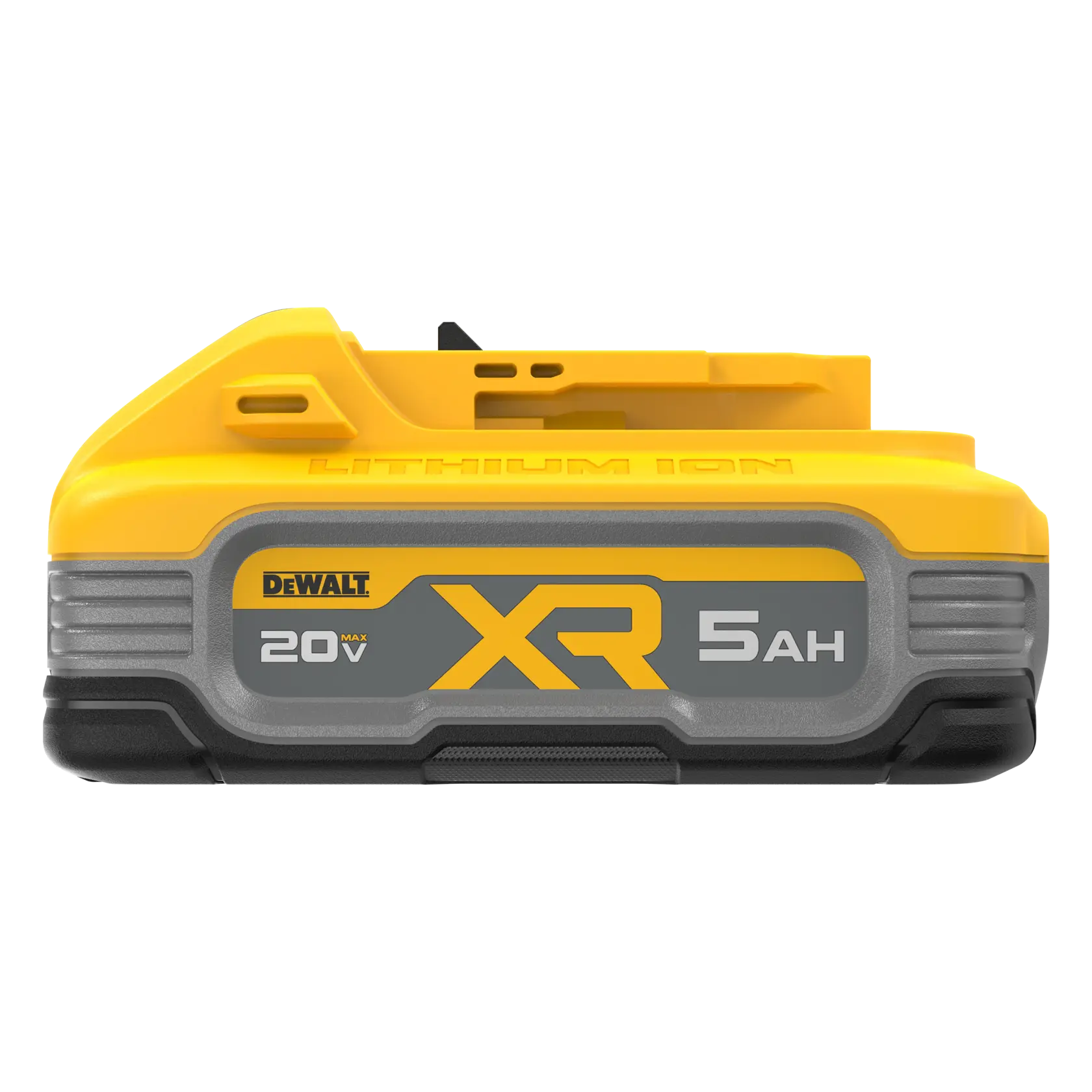 Una batería de iones de litio DEWALT 20V XR 5Ah, mostrada desde el frente con un diseño amarillo y gris. La batería está destinada a herramientas eléctricas.