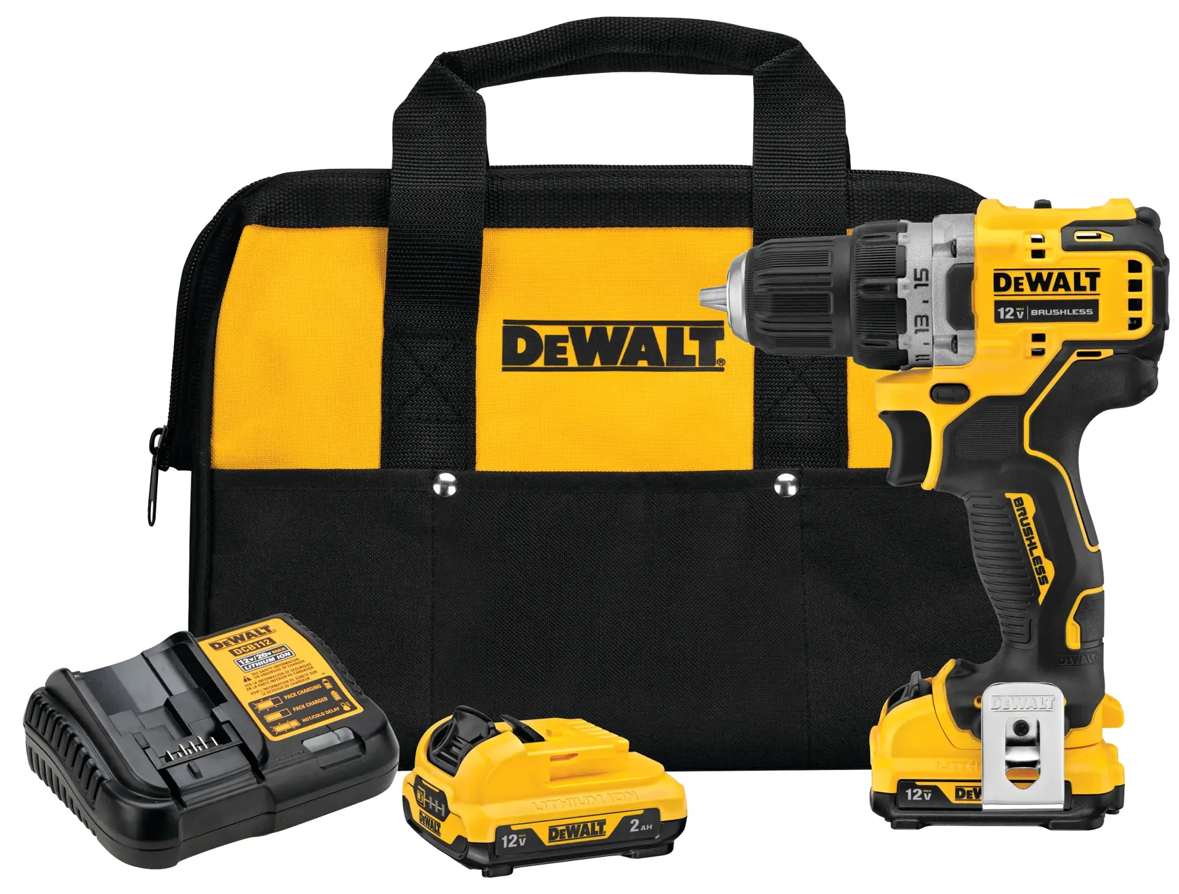 Un taladro inalámbrico DEWALT de 12V sin escobillas, de color amarillo y negro, mostrado de lado con la marca visible y controles.