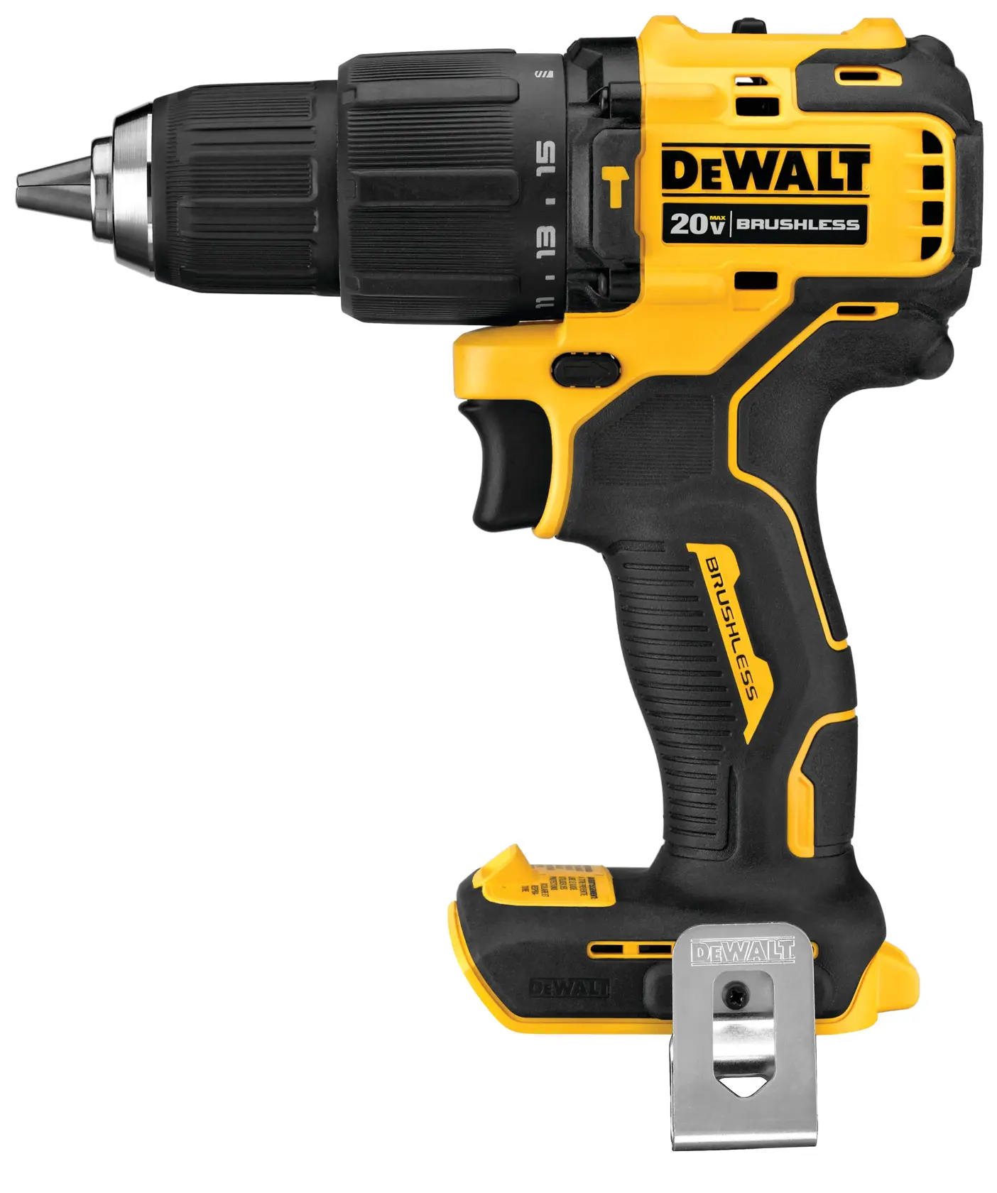 Un taladro inalámbrico DEWALT 20V brushless de color negro y amarillo, con clip de cinturón de metal y mango ergonómico.
