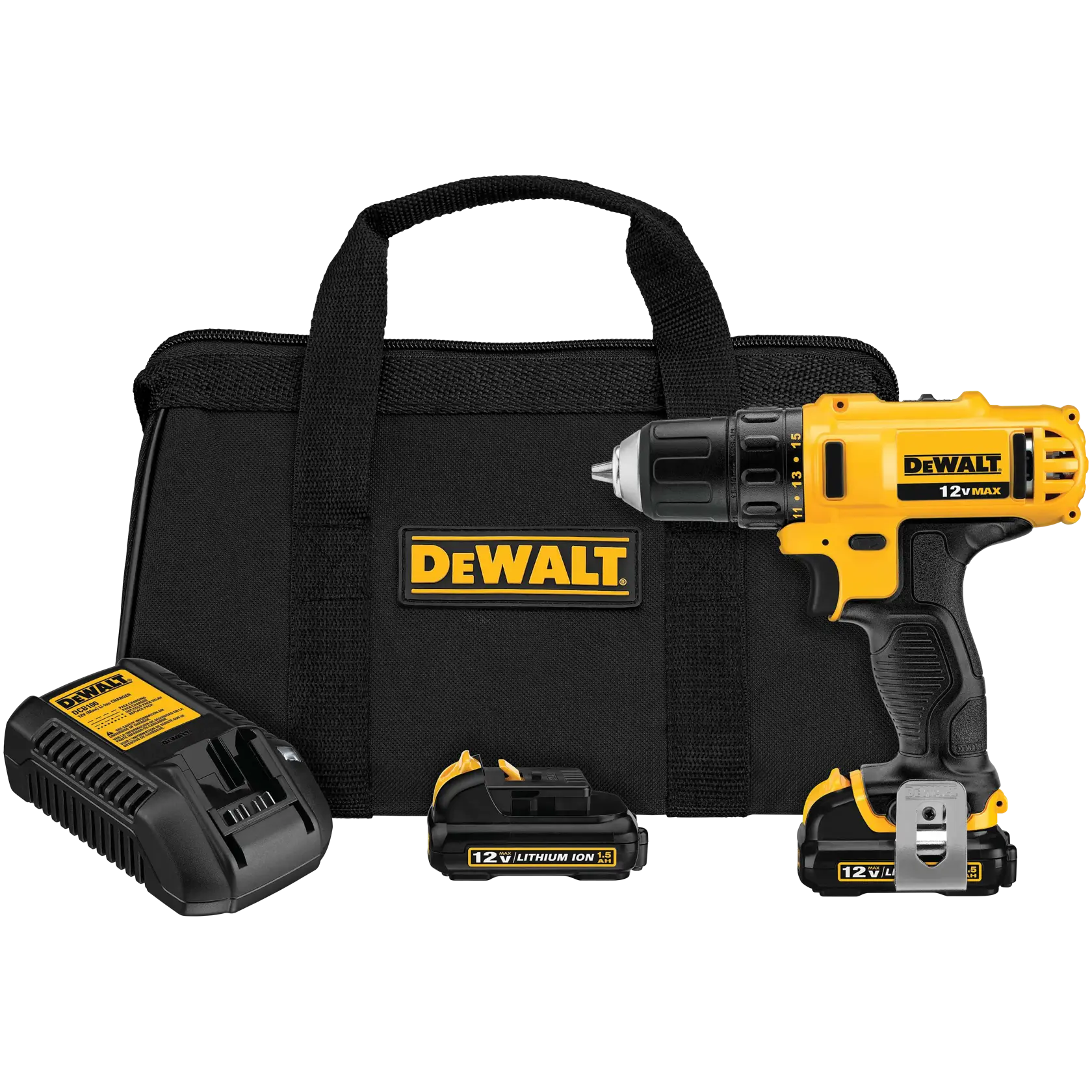 Taladro inalámbrico DEWALT 12V MAX amarillo y negro con empuñadura negra y clip plateado para cinturón.