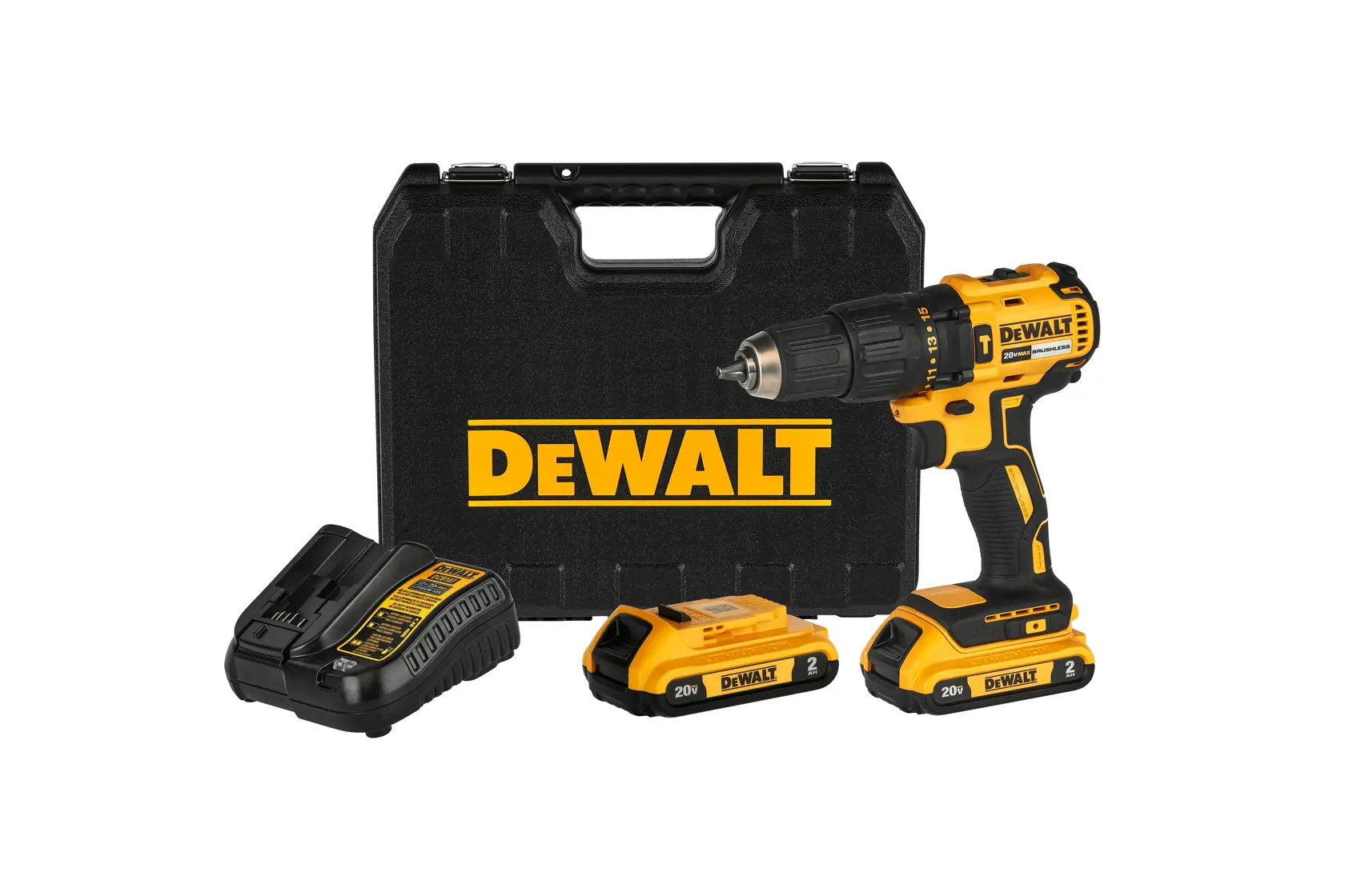 Taladro inalámbrico DEWALT amarillo y negro, modelo brushless 20V DCD7781D2, visto desde el lado izquierdo.