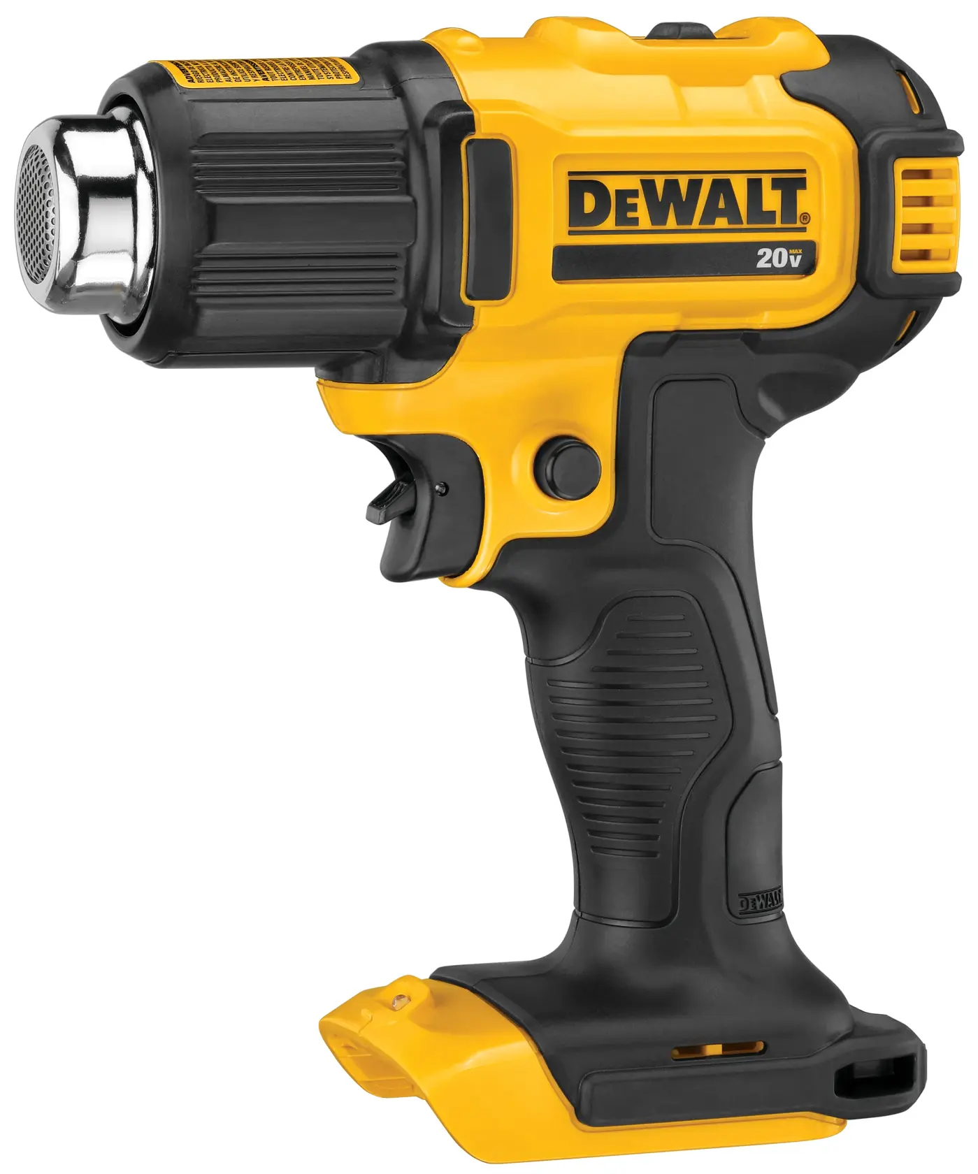 Una pistola de calor inalámbrica DEWALT 20V de mano, con diseño ergonómico amarillo y negro, mostrada sin batería.