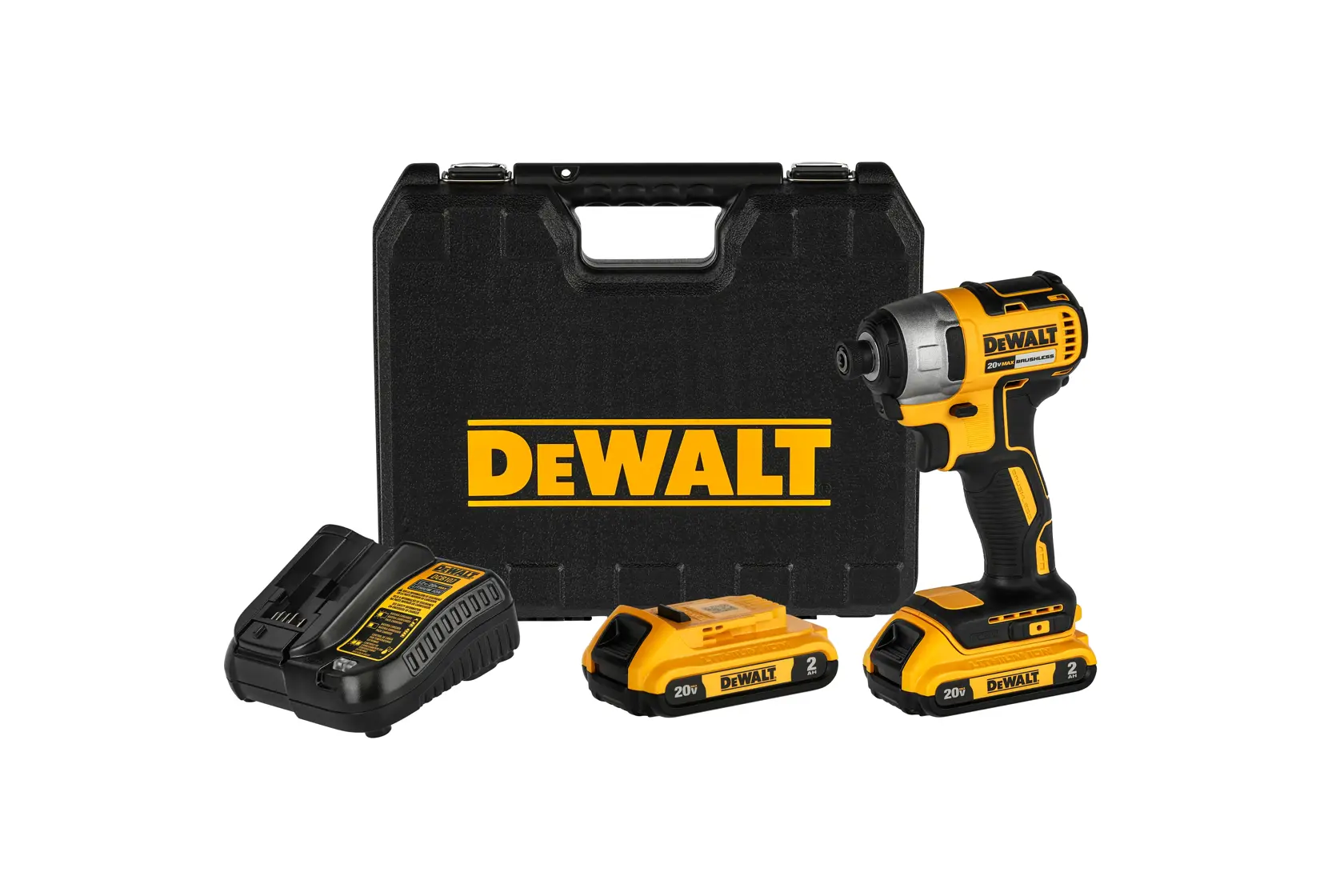 Un destornillador de impacto inalámbrico DeWalt 20V MAX sin escobillas mostrado sobre un fondo blanco. La herramienta es principalmente amarilla y negra, con un agarre texturizado y un diseño compacto.