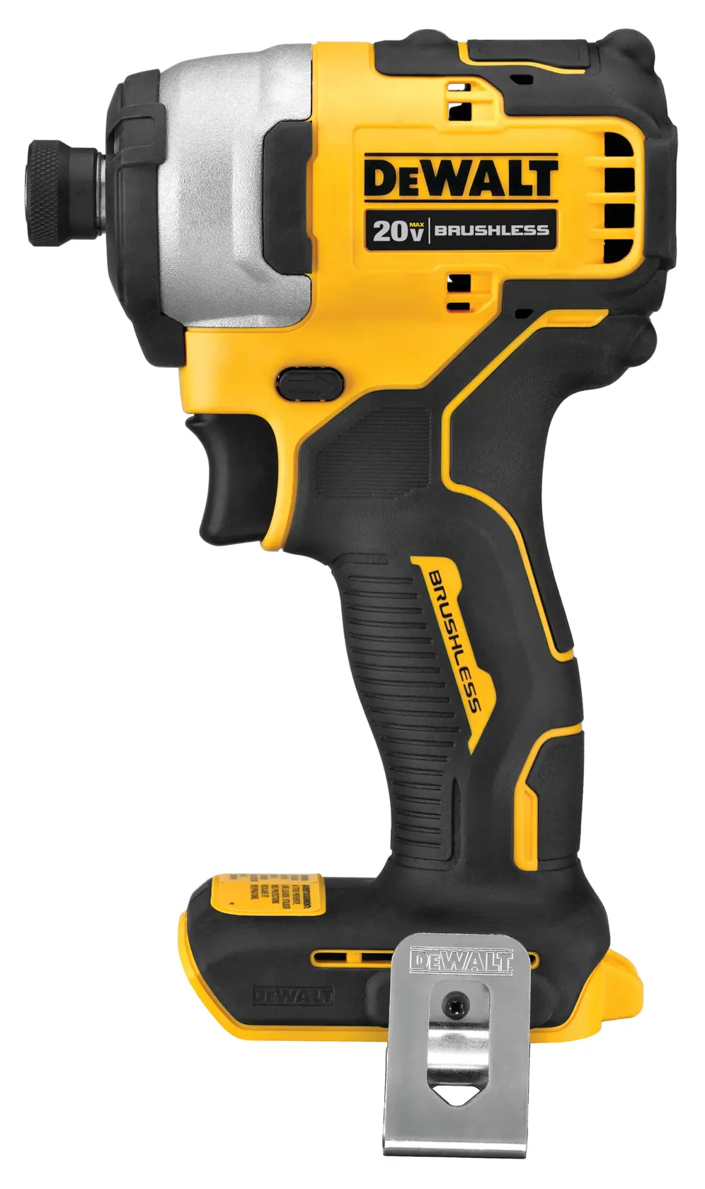 Un destornillador de impacto inalámbrico DEWALT 20V brushless, con diseño amarillo y negro y un clip de metal en la base.