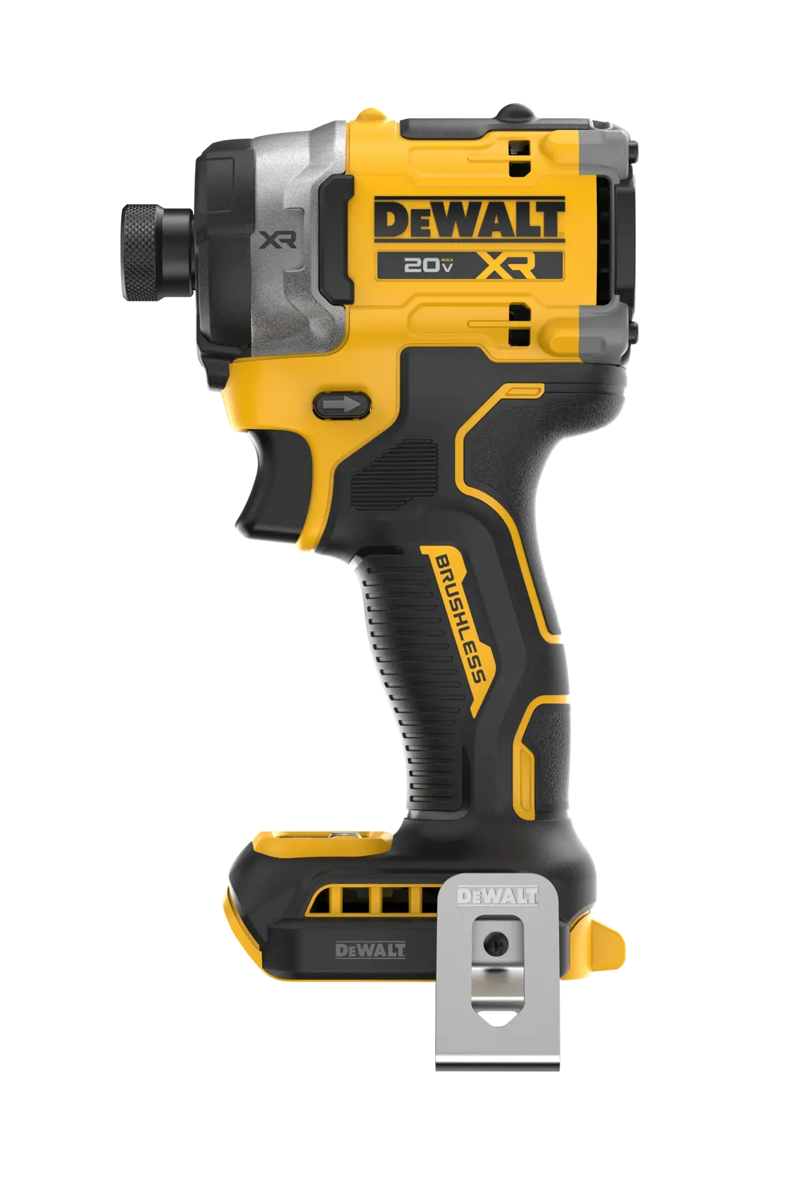 Vista lateral de un destornillador de impacto inalámbrico DEWALT 20V XR sin escobillas, con diseño amarillo y negro, mostrando su clip metálico para cinturón y mango ergonómico.