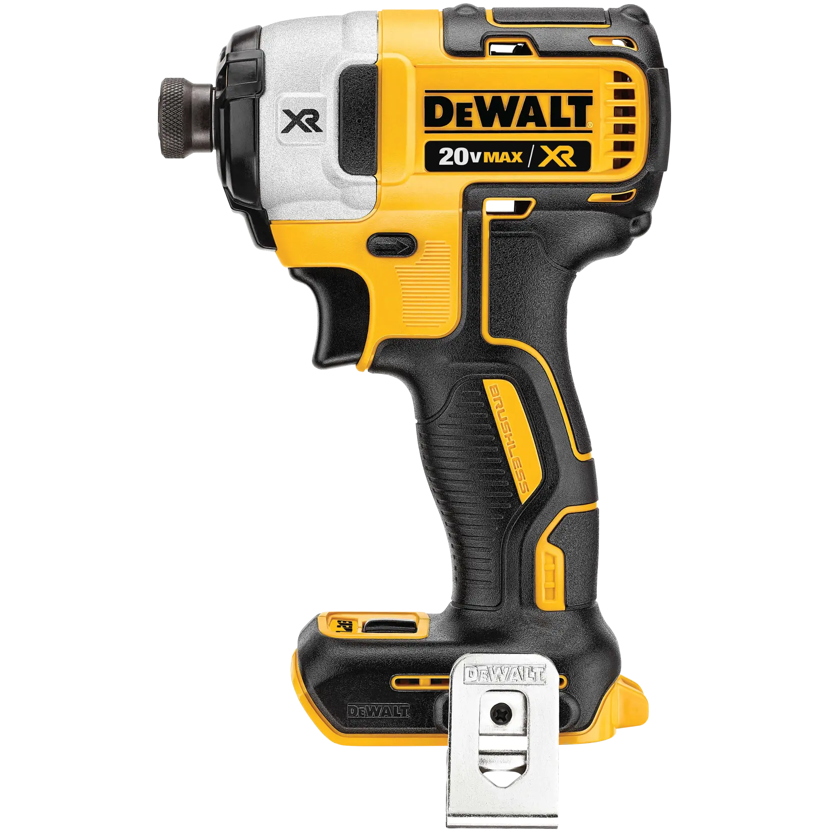 Un destornillador de impacto inalámbrico DEWALT 20V Max XR con motor sin escobillas, mostrado en color amarillo y negro, modelo DCF887B. La herramienta tiene un clip de cinturón de metal adjunto a la base.