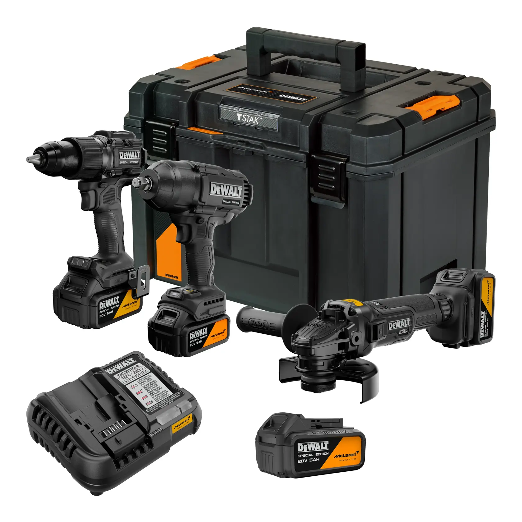 Un set de herramientas DEWALT que incluye tres herramientas eléctricas inalámbricas: un taladro, un destornillador de