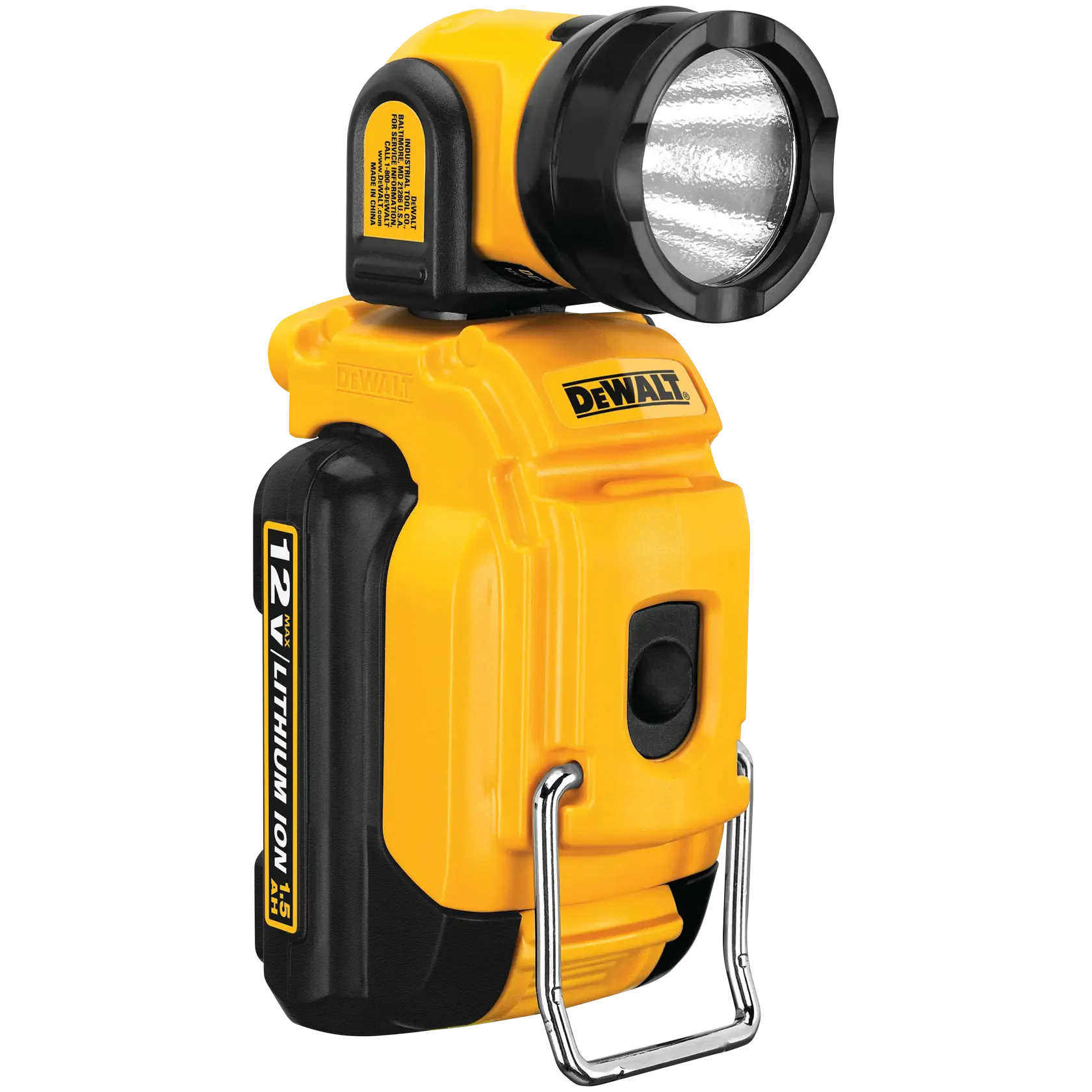 Una lámpara de trabajo portátil DEWALT de 12V con batería de litio, cuerpo amarillo y negro, cabeza ajustable y soporte metálico.