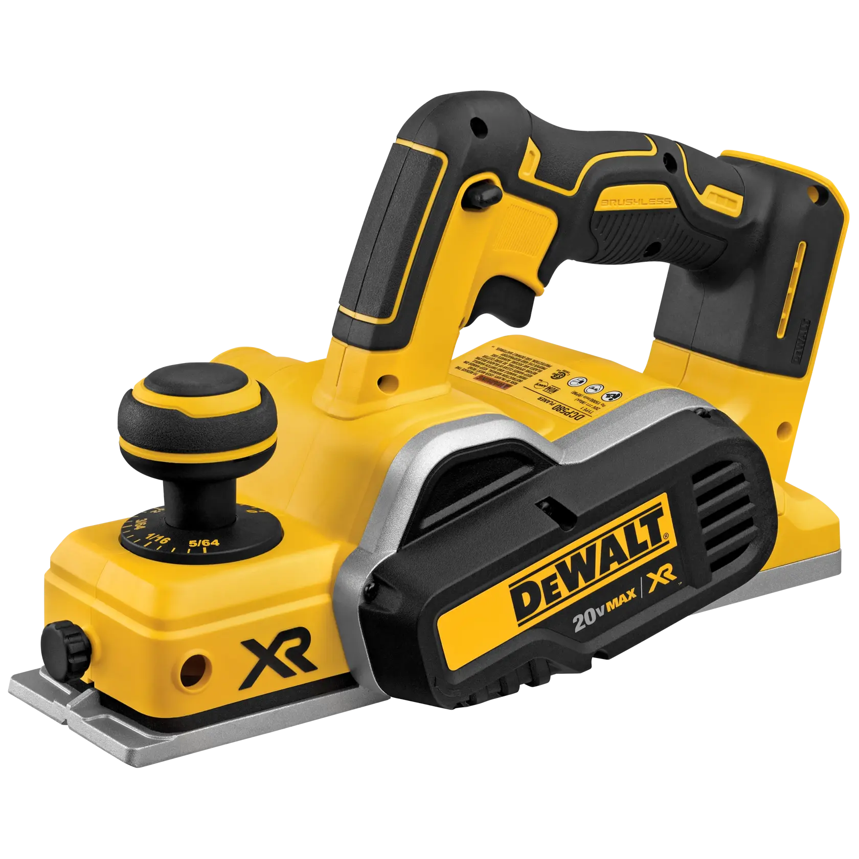Un cepillo manual inalámbrico DEWALT, de color amarillo y negro, con motor sin escobillas y mango ergonómico. La herramienta tiene una perilla frontal ajustable, el logotipo de DEWALT, la marca XR y funciona con una batería de 20V MAX.