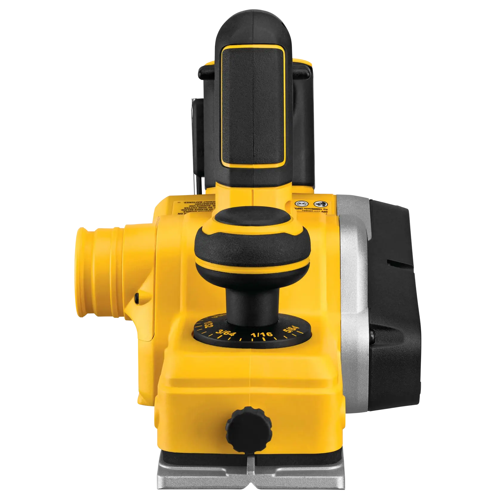 Vista frontal de una cepilladora manual inalámbrica DEWALT DCP580B, con diseño amarillo y negro, perilla de ajuste de profundidad, puerto de extracción de polvo y mango ergonómico.