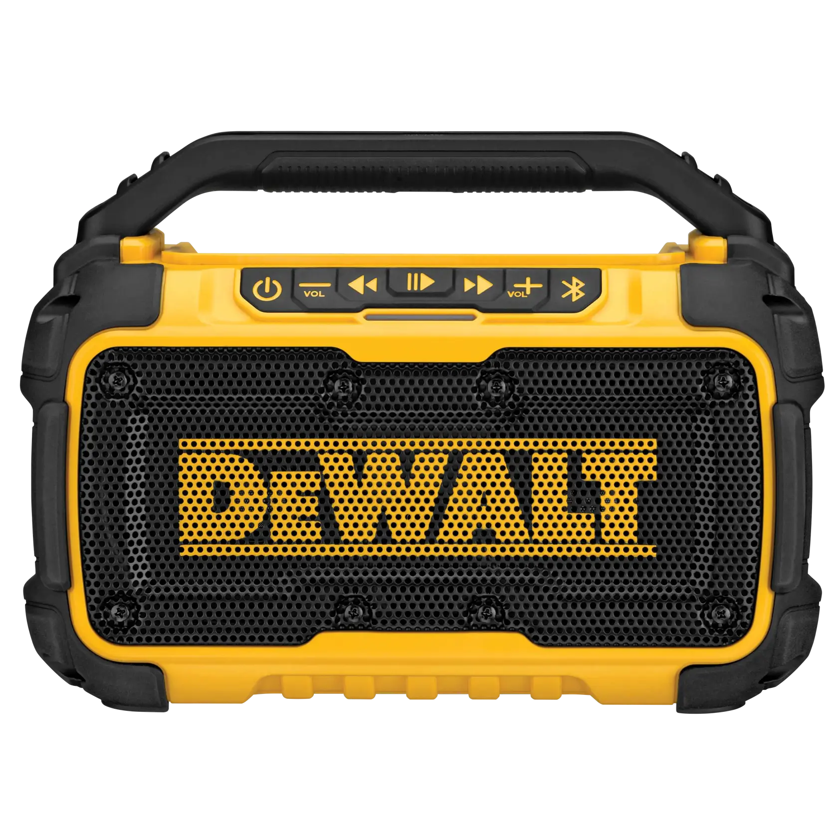 Un altavoz Bluetooth portátil DEWALT con diseño resistente en color amarillo y negro, botones de control frontales y asa para transportar.