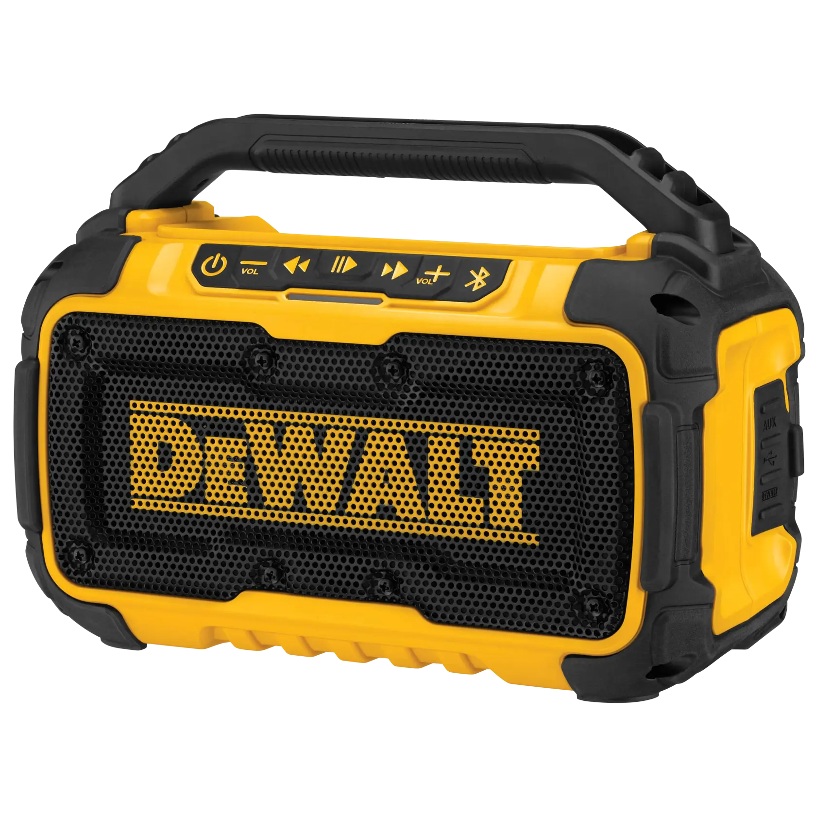 Altavoz Bluetooth portátil DEWALT amarillo y negro con asa, botones de control visibles y gran rejilla frontal.