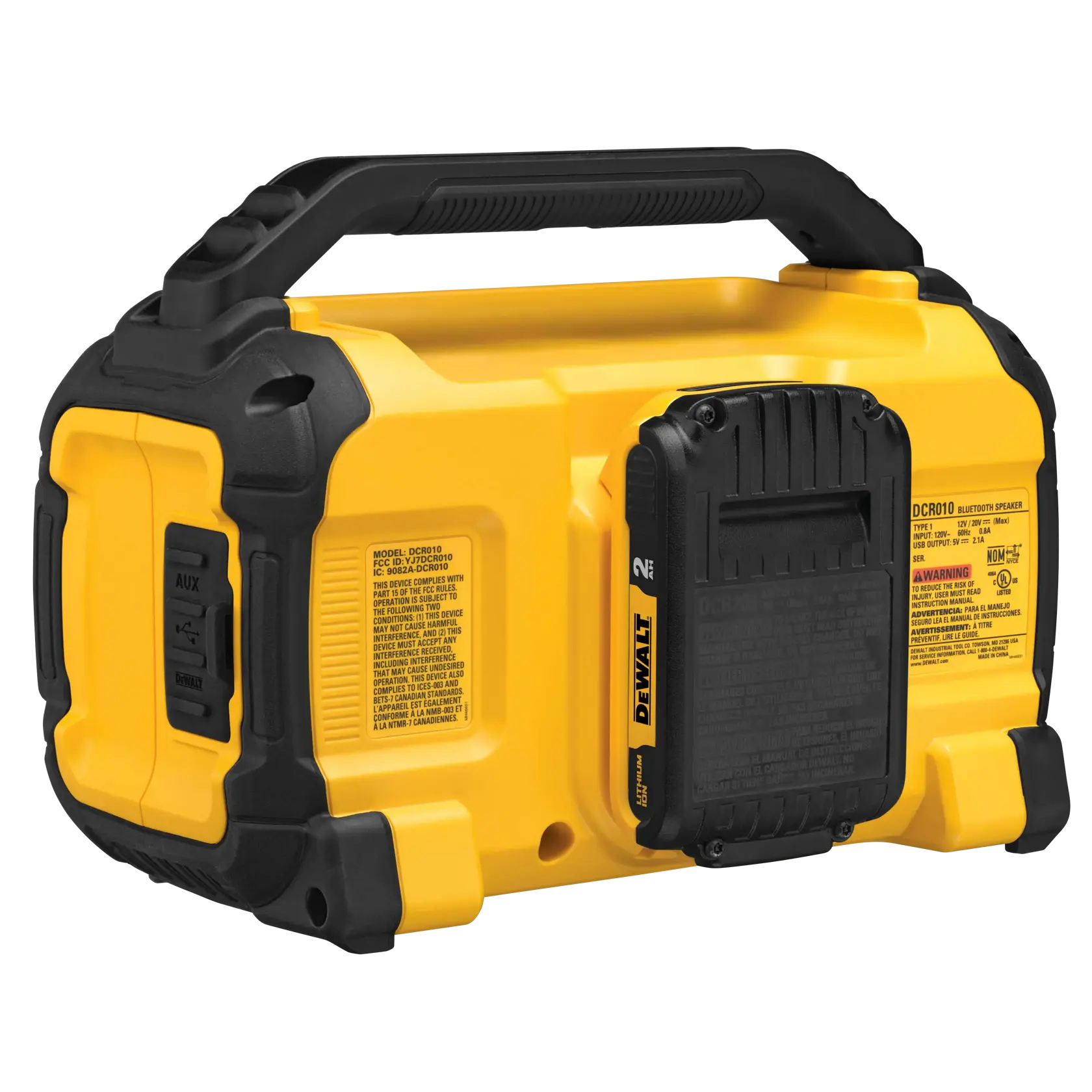Un altavoz Bluetooth portátil amarillo y negro DEWALT con una asa resistente, modelo DCR010. El altavoz tiene un diseño robusto y etiquetas y puertos visibles en el lateral.