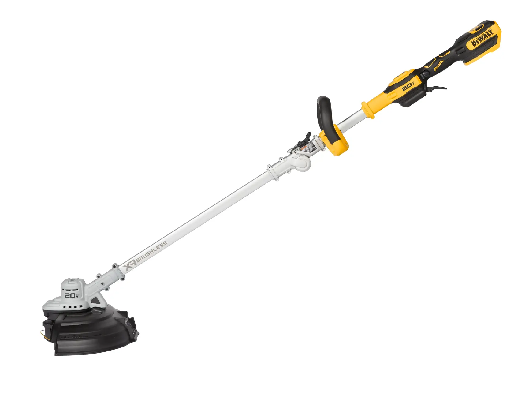 Recortadora inalámbrica DEWALT con mango amarillo y negro y eje largo para jardinería.
