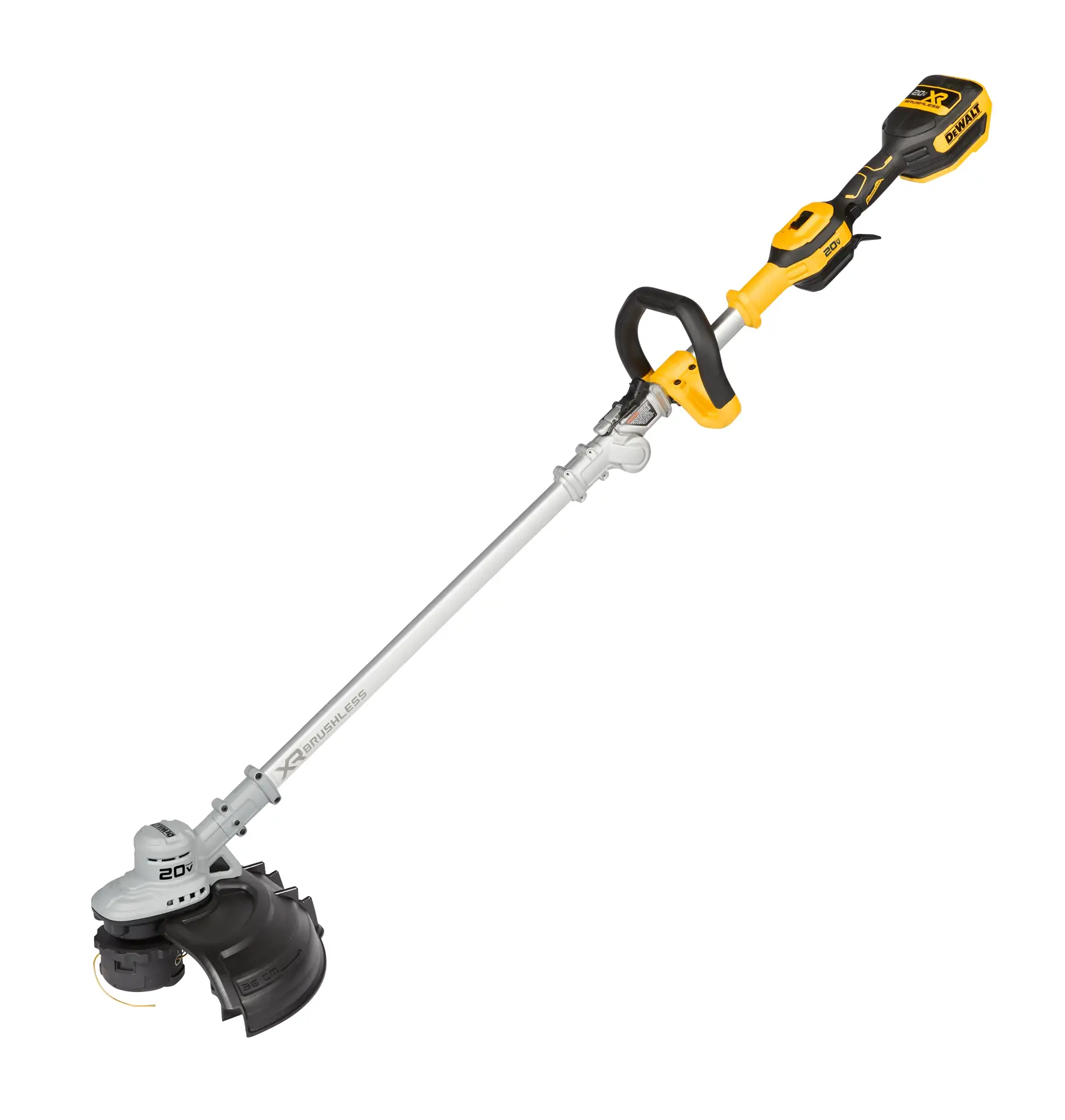 Recortadora de césped eléctrica inalámbrica Dewalt con mango amarillo y negro para tareas de jardinería.