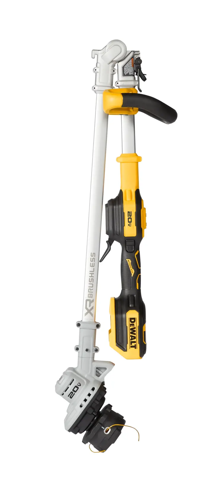 Recortadora de césped DEWALT inalámbrica amarilla y negra, plegada para almacenamiento compacto.