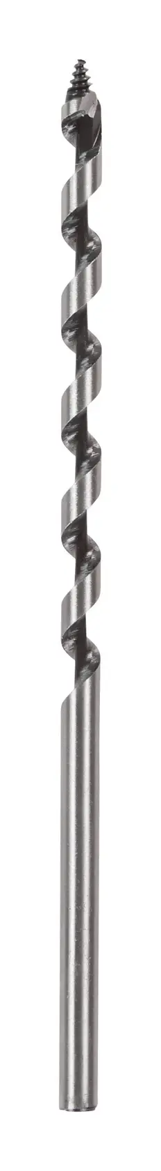 Broca helicoidal de metal para madera, mostrada verticalmente sobre fondo blanco.