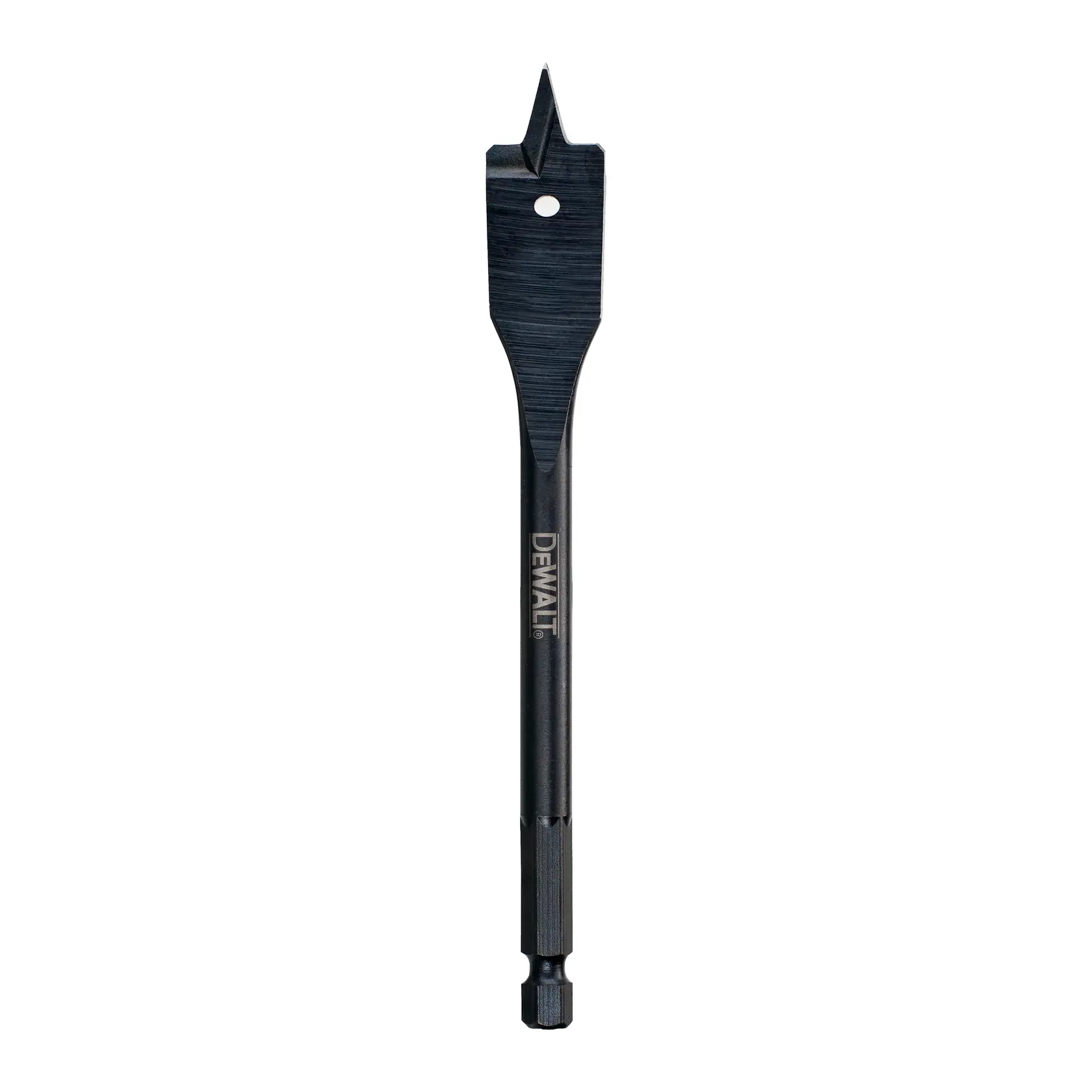Broca plana para madera DEWALT con punta afilada y vástago hexagonal, ideal para perforar madera rápido.