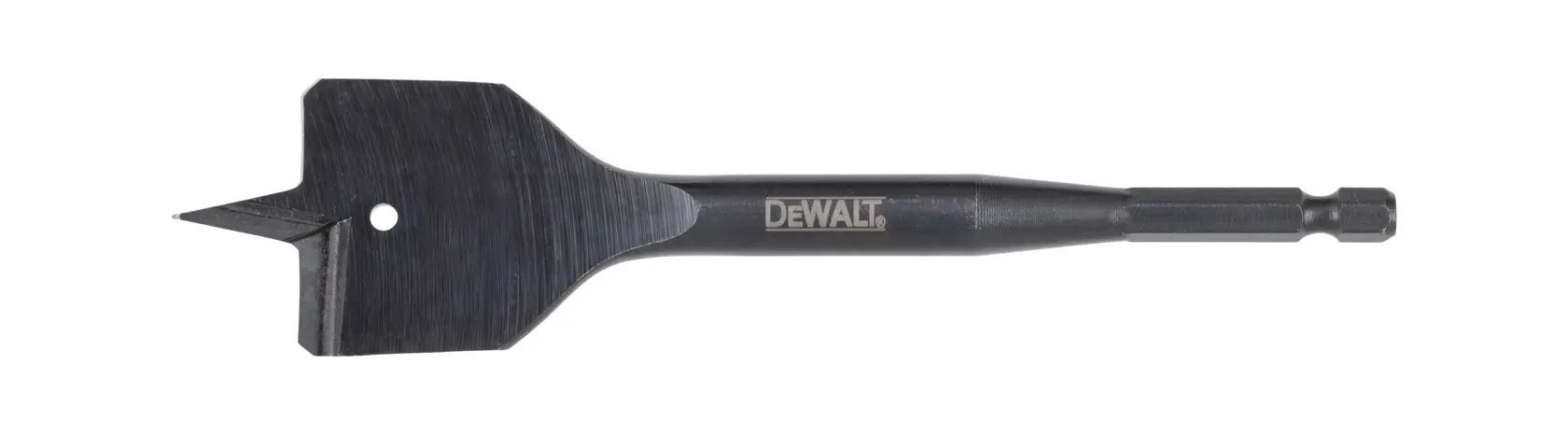 Broca plana para madera DEWALT DT4773 con vástago hexagonal sobre fondo blanco.
