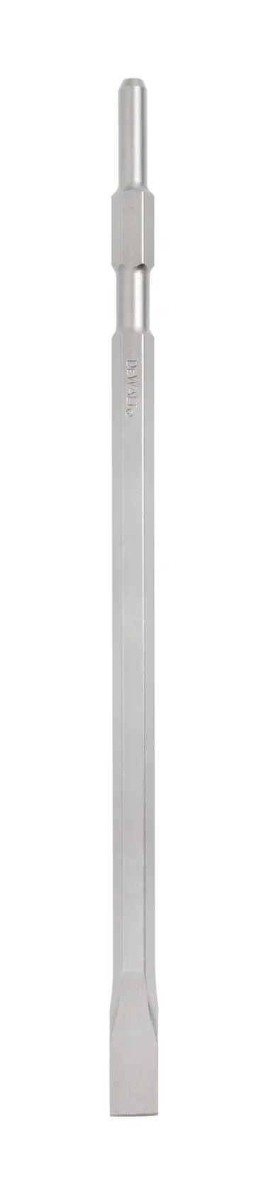 Un cincel plano DEWALT DT6902-B1 para herramientas eléctricas, con un vástago hexagonal y un filo de corte ancho y plano, mostrado sobre un fondo blanco.
