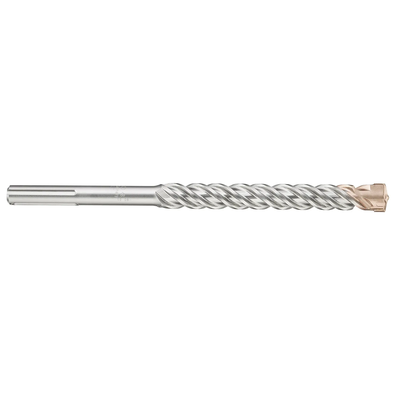 Broca espiral de metal con punta reforzada, usada para perforar mampostería o concreto.