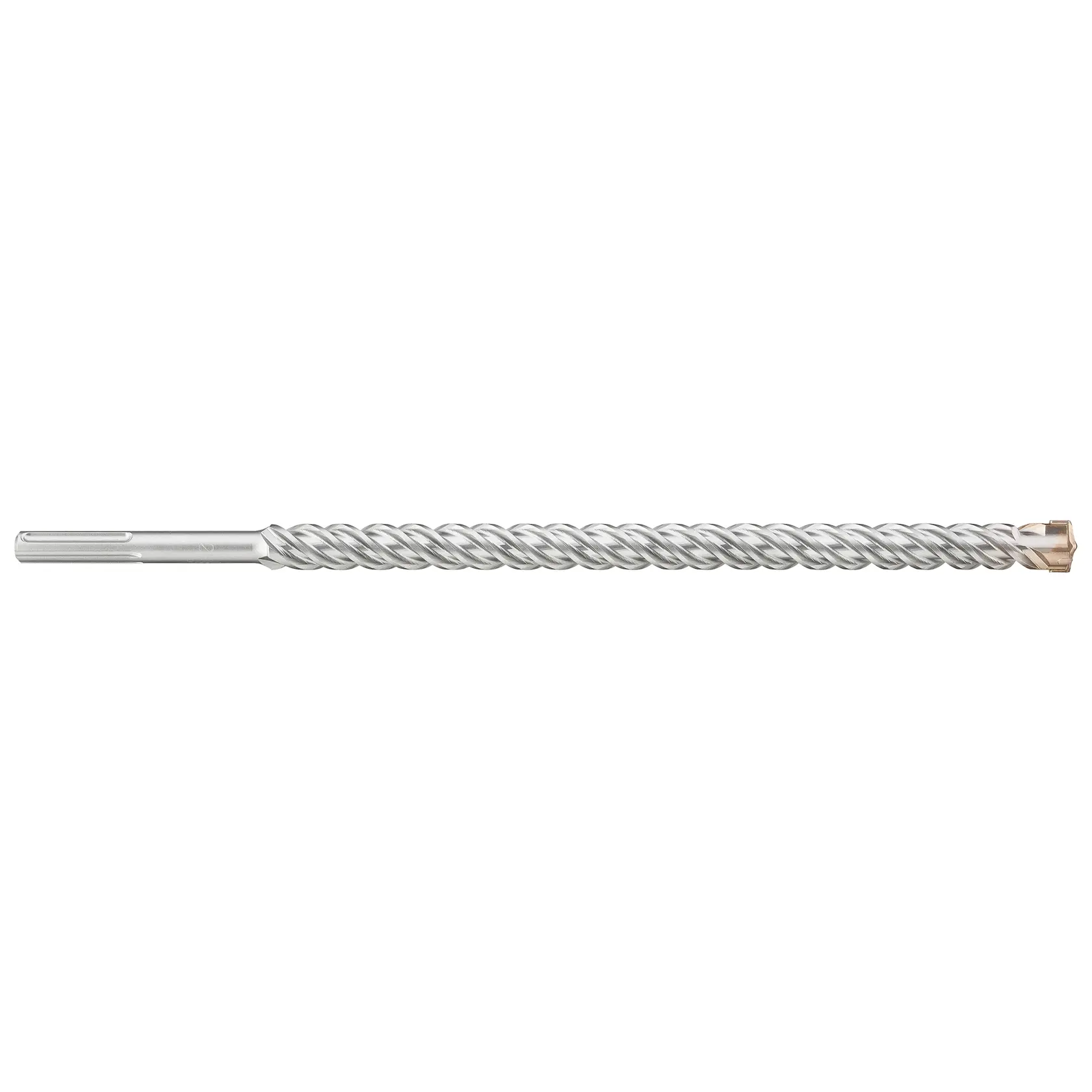 Broca larga de plata para mampostería, en espiral, ideal para taladros de percusión, sobre fondo blanco.