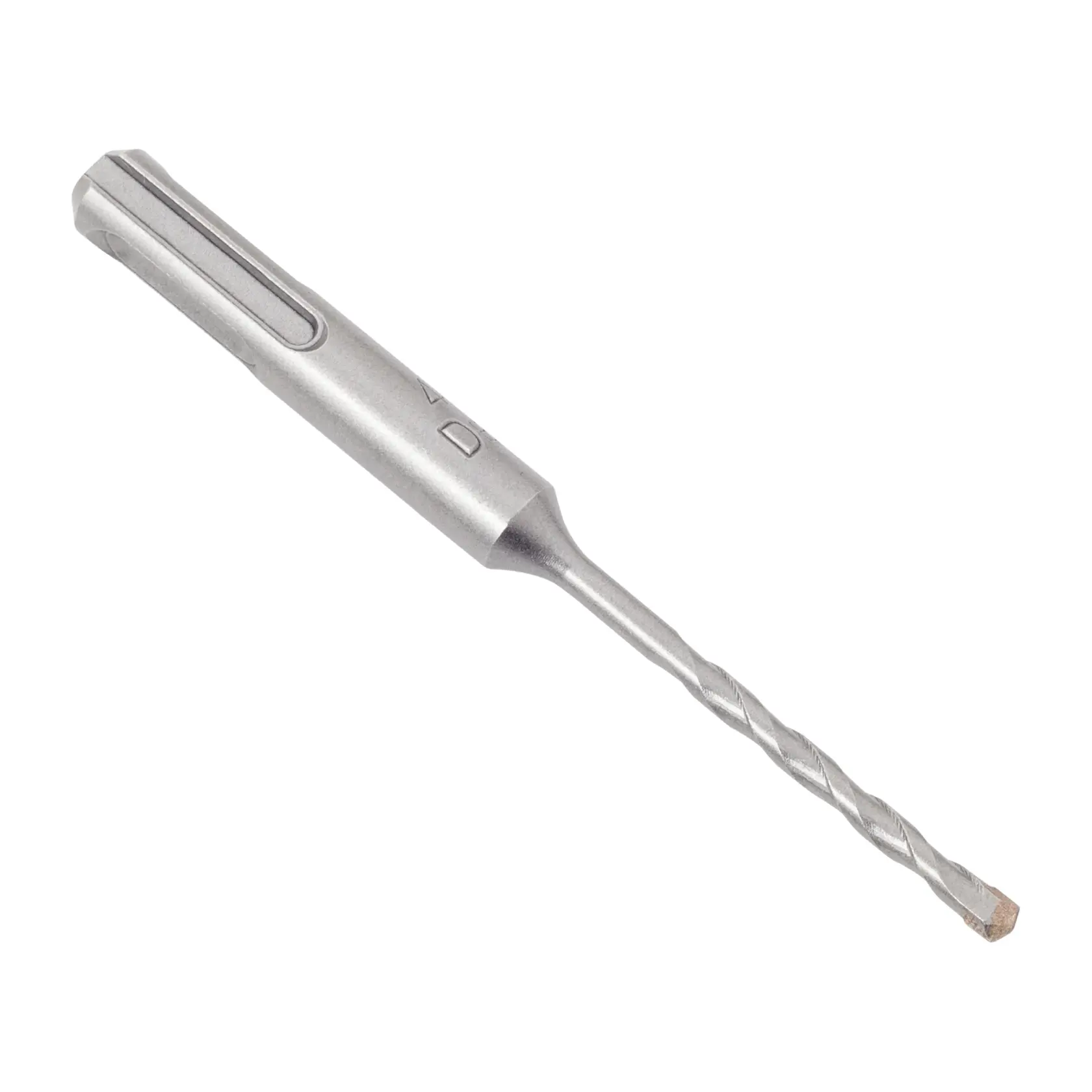 Broca metálica DEWALT con estrías en espiral y vástago SDS sobre fondo blanco.