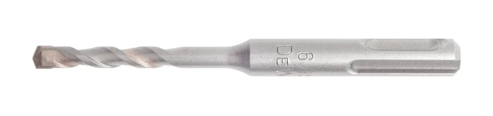 Broca metálica DEWALT con eje espiral y punta plana, mostrada sobre fondo blanco.
