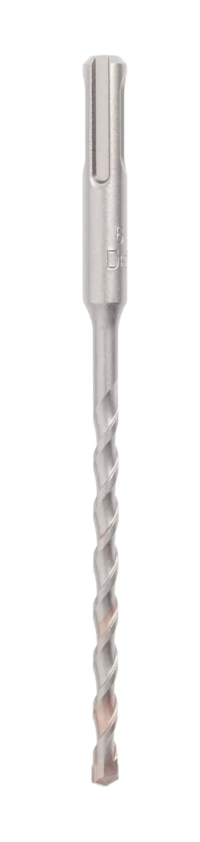Broca DEWALT SDS con diseño en espiral, mostrada verticalmente sobre fondo blanco.