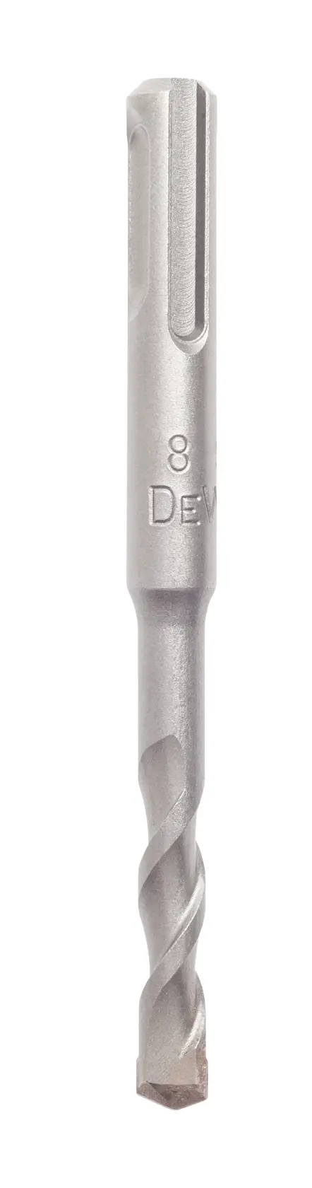Broca de mampostería DEWALT SDS plateada, en posición vertical sobre fondo blanco.