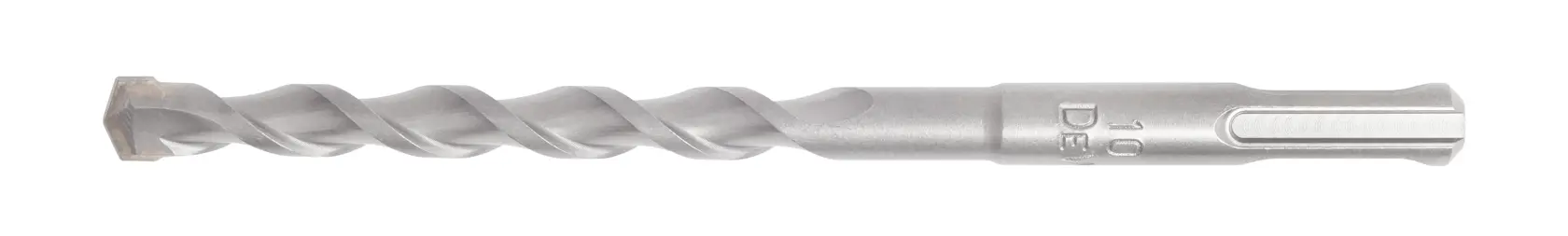 Una broca SDS plateada de DEWALT con diseño de espiral, mostrada sobre un fondo blanco.