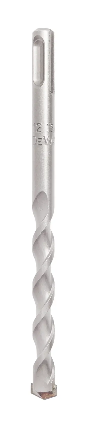 Broca metálica DEWALT con diseño espiral para taladros, mostrada sobre fondo blanco.