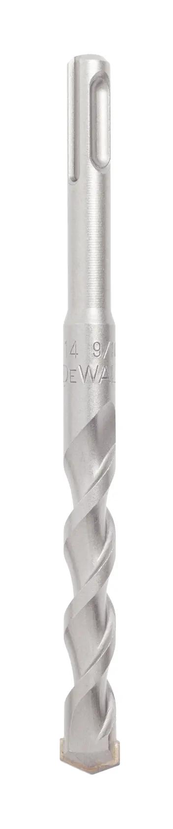 Broca SDS DEWALT con diseño espiral, mostrada vertical sobre fondo blanco.