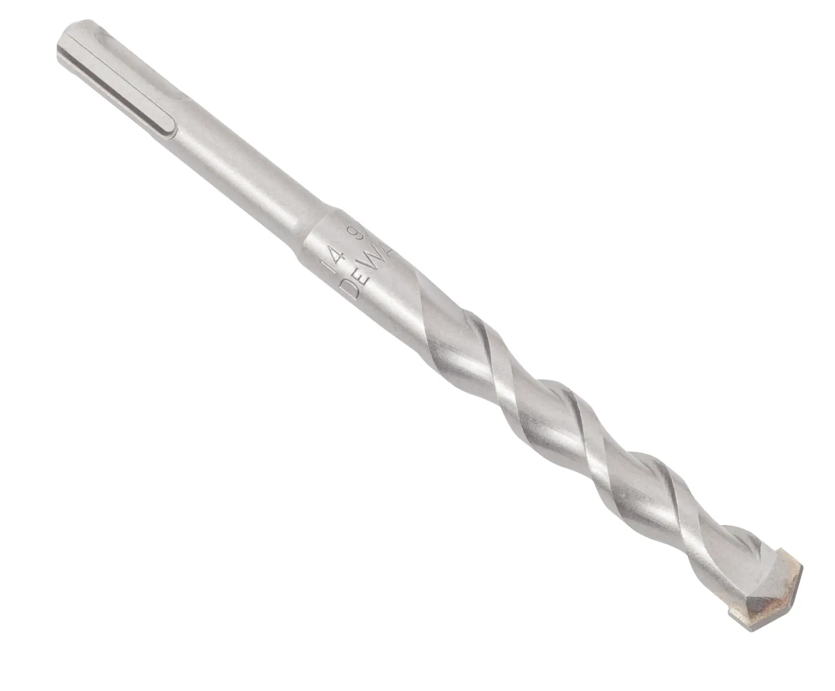 Broca de albañilería DEWALT plateada con flautas en espiral para uso en martillo rotativo.
