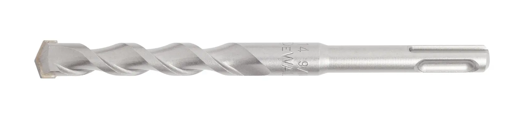 Broca espiral plateada DEWALT con punta plana, presentada sobre fondo blanco.