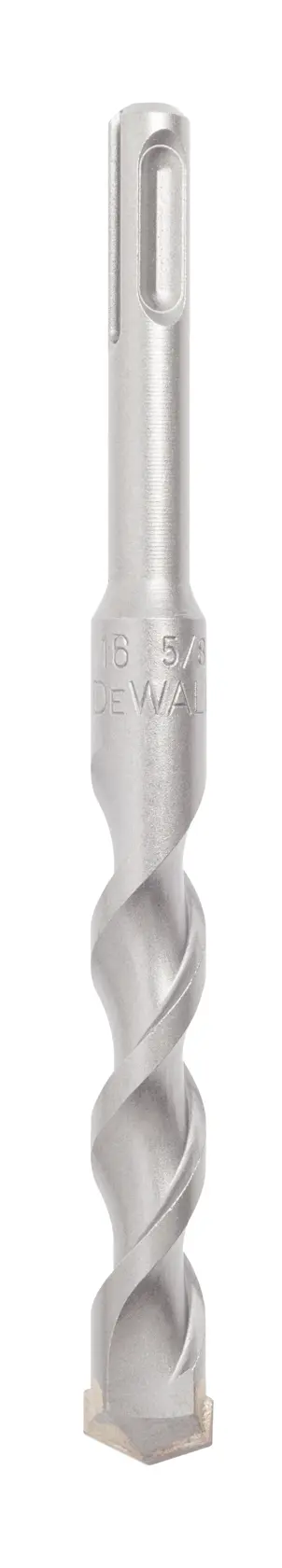 Broca para mampostería DEWALT de metal, diseño espiral y vástago SDS, mostrada vertical sobre fondo blanco.